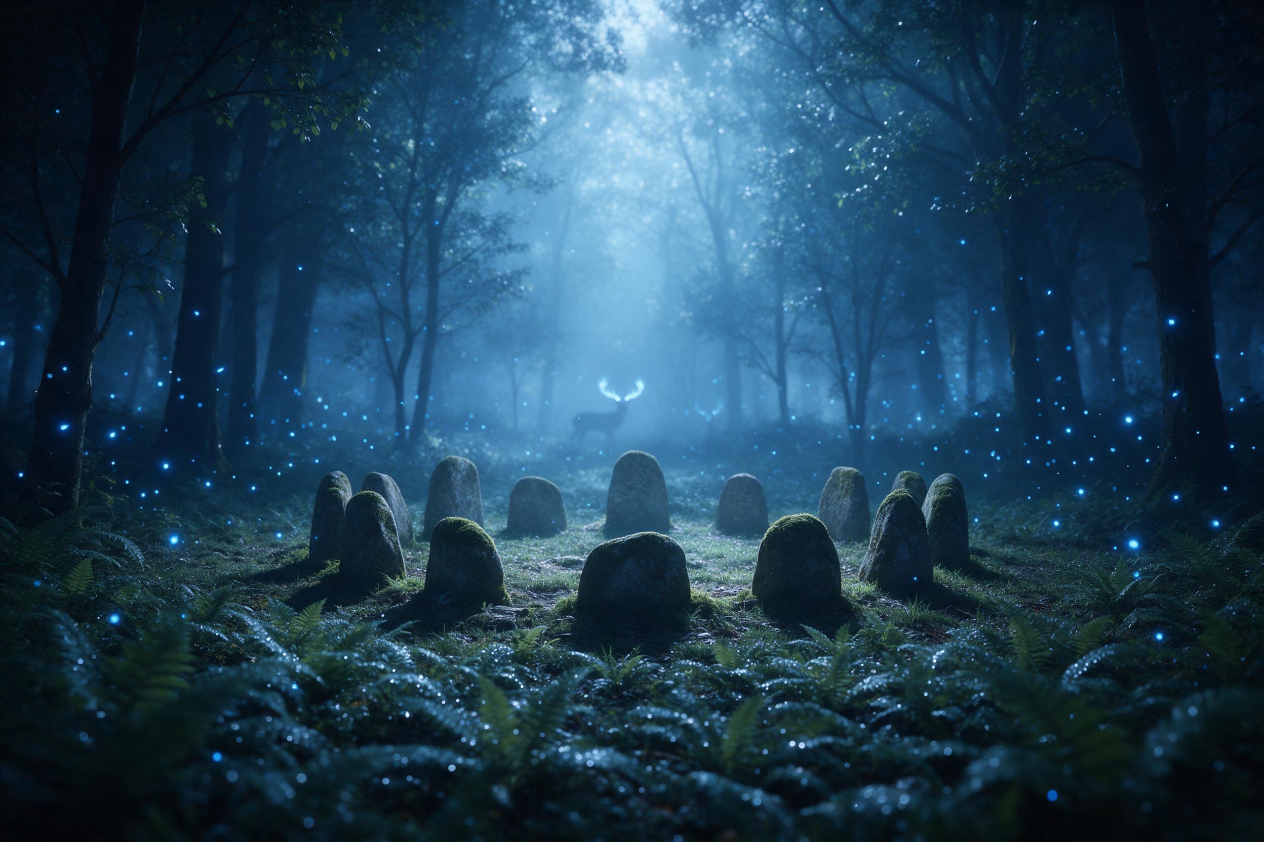 A misty moonlit forest clearing, ancient moss-covered stones arranged in a circle, soft glowing blue fireflies dancing among the trees, ethereal pale blue light filtering through the canopy, a faint silhouette of a deer with glowing antlers in the background, dewy ferns, cool color palette, shallow 