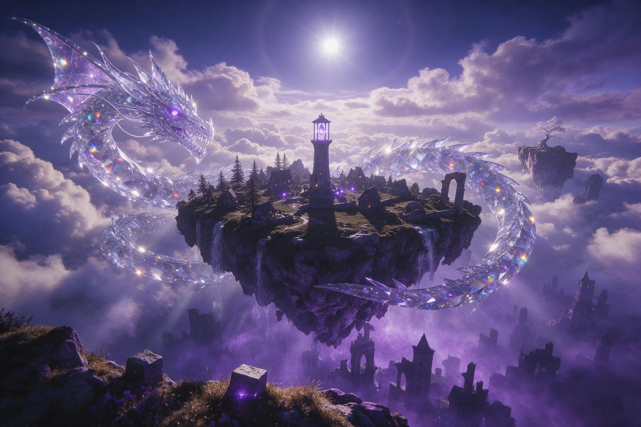 A dragon made of glowing crystal coils around a floating island, its scales refracting prismatic light. Below, a violet mist rolls over an abyss of ancient ruins. Harsh top-down sunlight pierces the haze, casting long, sharp shadows. Wide-angle composition, cinematic depth of field, subtle grain.