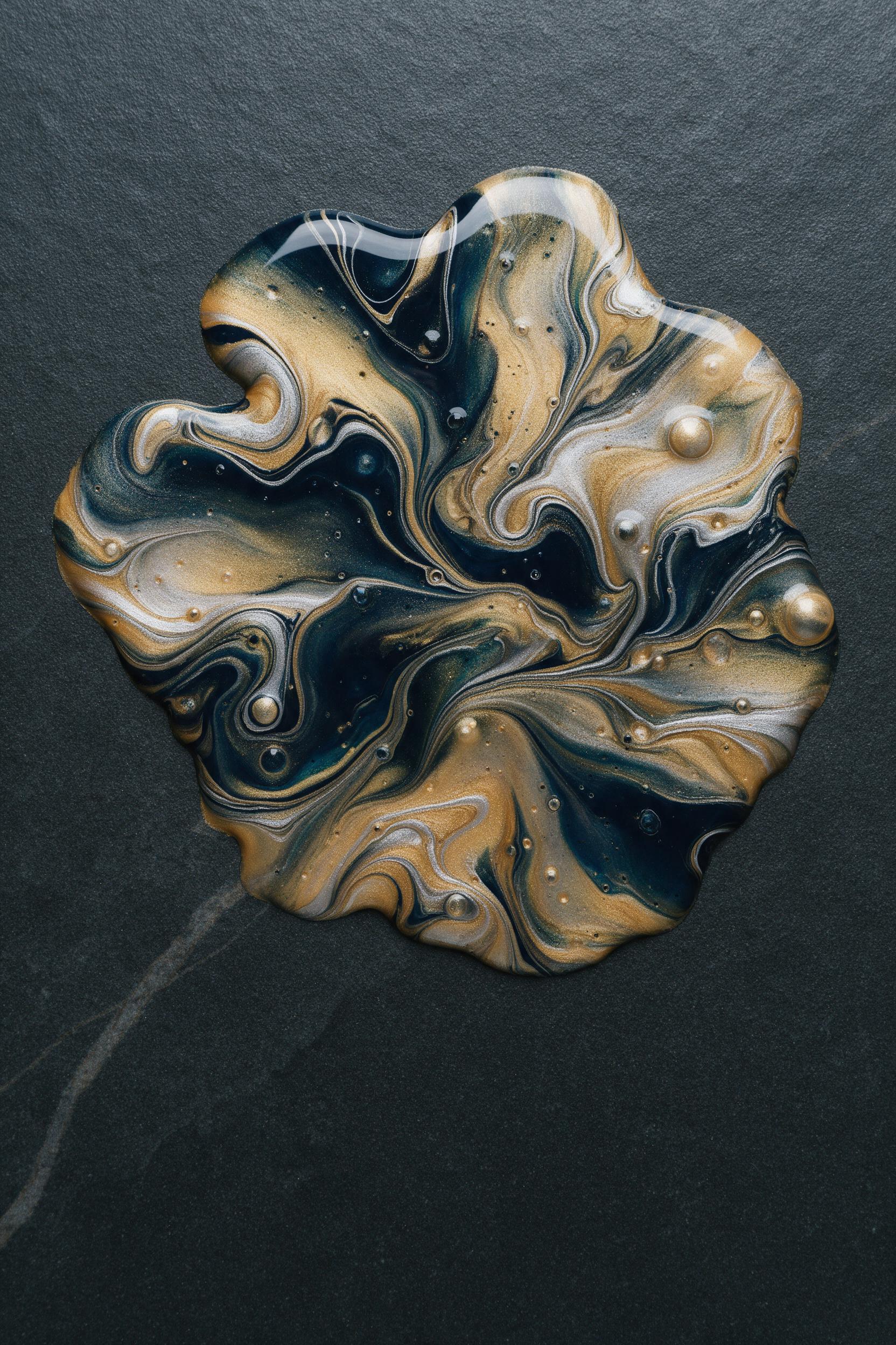 Molten gold and deep indigo fluid art, swirling together with silver veins, on a dark slate surface, soft studio lighting from above, gentle reflections, minimal composition, fine rivulets and bubbles frozen mid-flow, smooth and glossy texture, negative space at edges