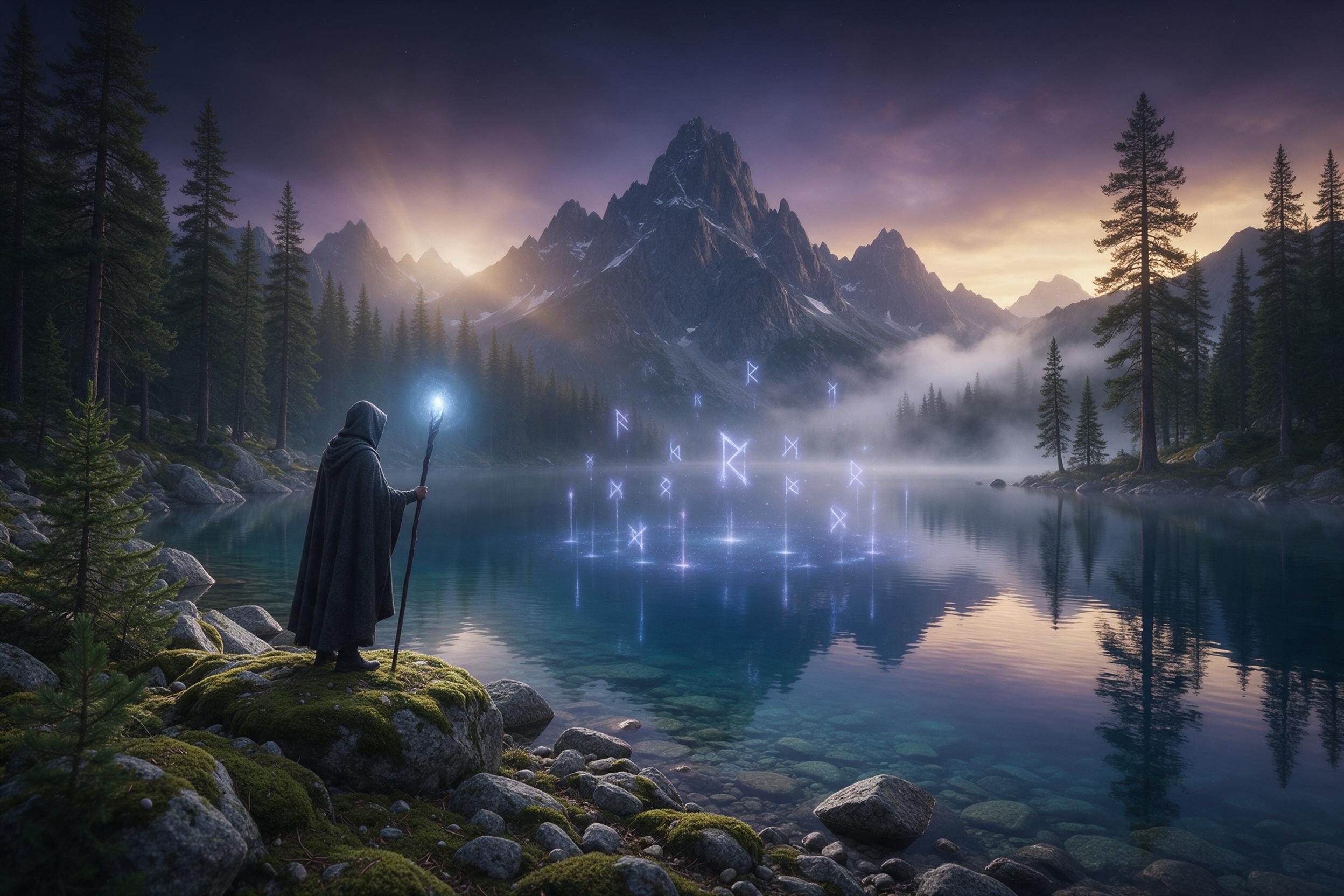 A crystal-clear alpine lake at twilight, surrounded by towering pines and jagged peaks, 10% of the scene shows faint glowing runes floating above the water surface. A lone hooded figure stands on a mossy shore, staff tip emitting soft blue light. Mist rolls in from the valley, lens flare from a hidd