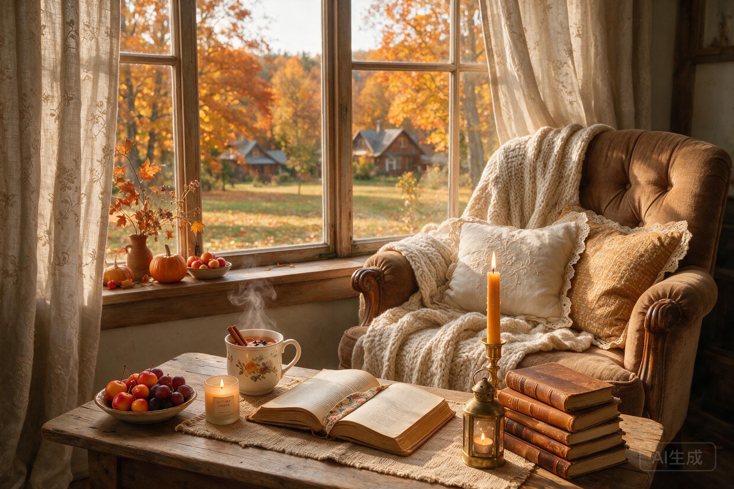 A cozy reading nook by a window, autumn leaves outside, warm candlelight, books stacked on a wooden table, vintage decor