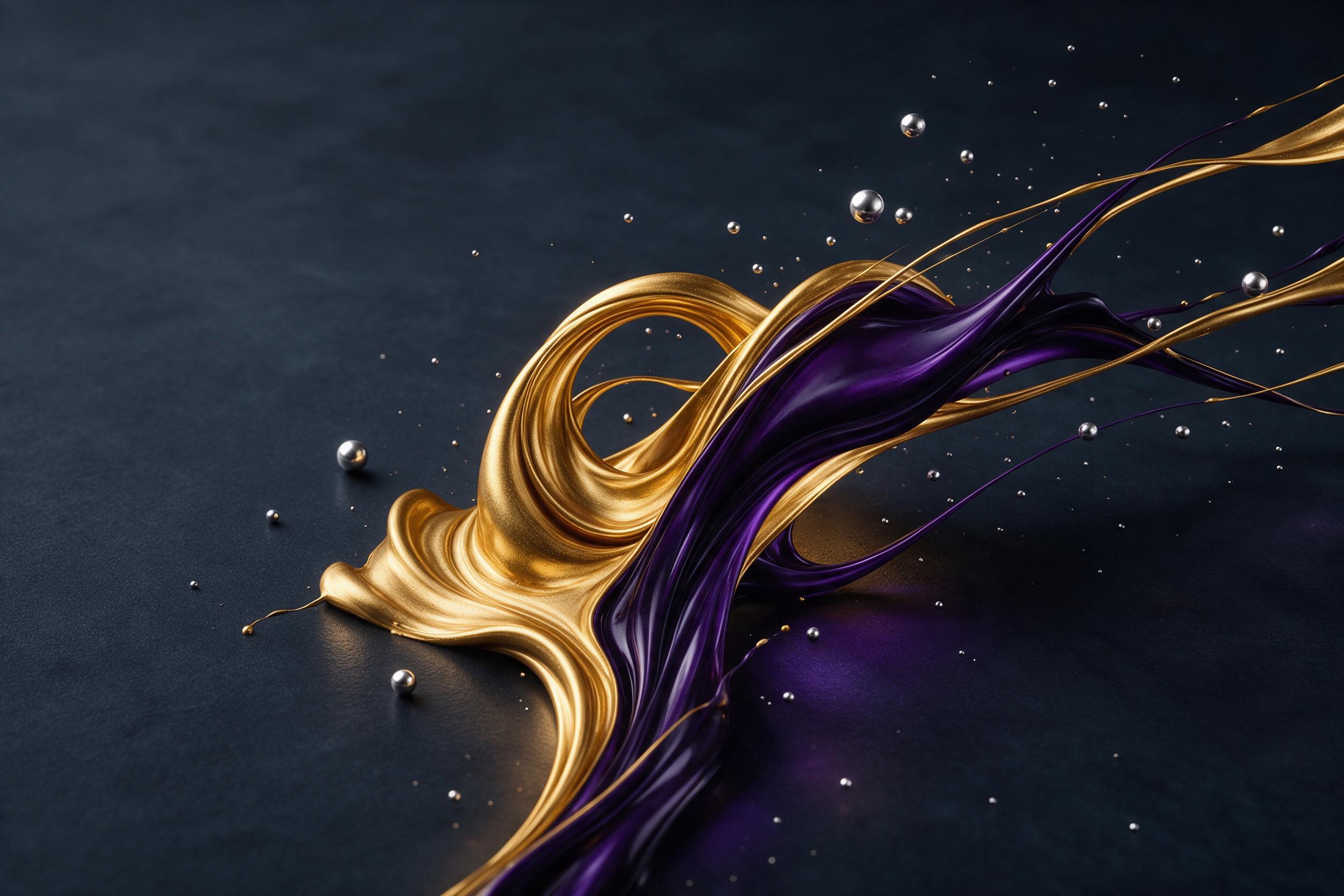 Swirling ribbons of molten gold and deep violet merge on a dark slate canvas, fluid motion frozen mid-surge, delicate silver droplets suspended in air, soft diffused studio lighting casting gentle reflections, minimalist composition with negative space, smooth gradients and sharp contrast edges, no 