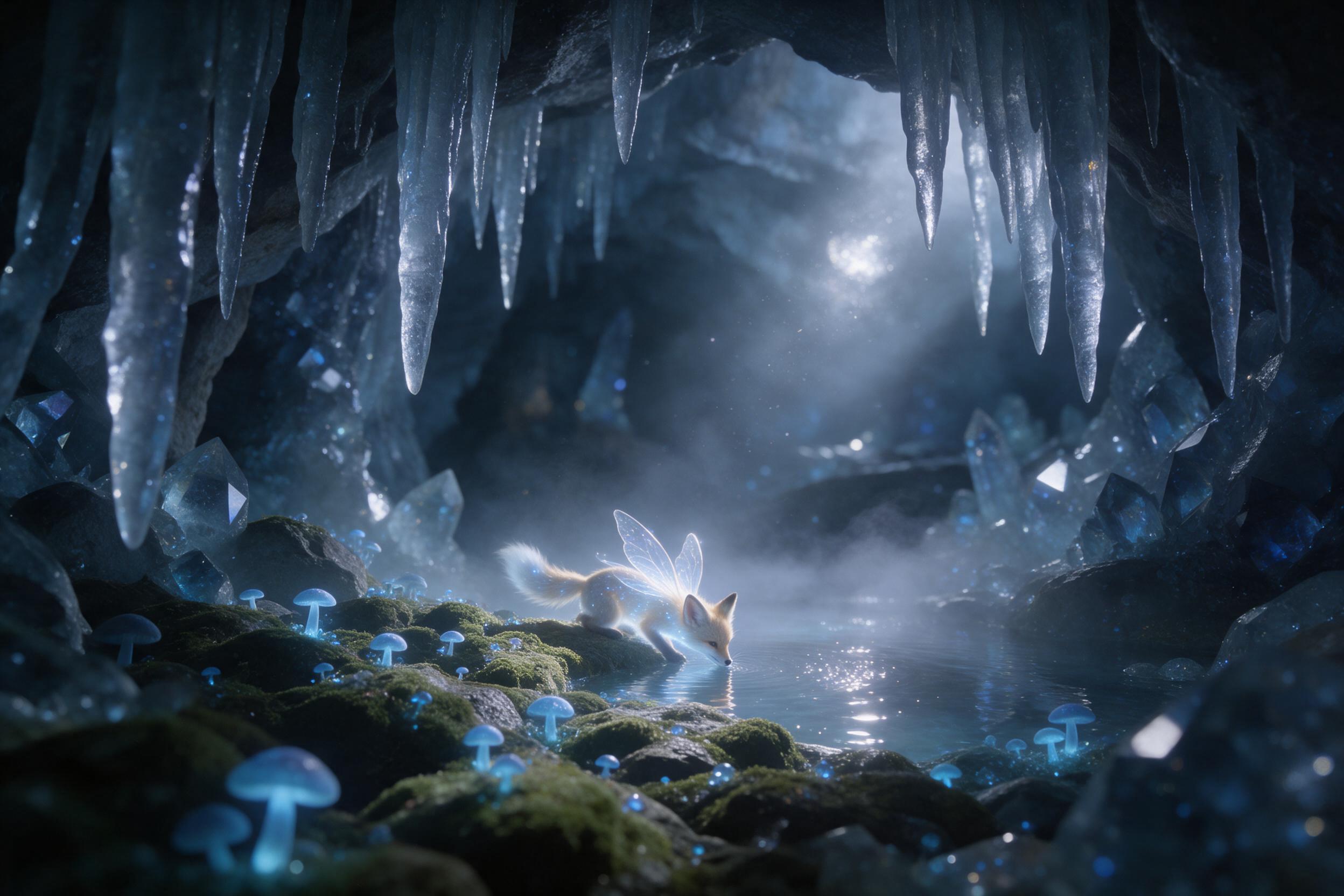 A moonlit crystal cave, luminescent blue mushrooms glow softly, misty air catches silver light, a small glowing fox with translucent wings drinks from a shimmering pool, tall stalactites frame the scene, foreground mossy rocks, soft focus background, ethereal atmosphere, natural color palette with c
