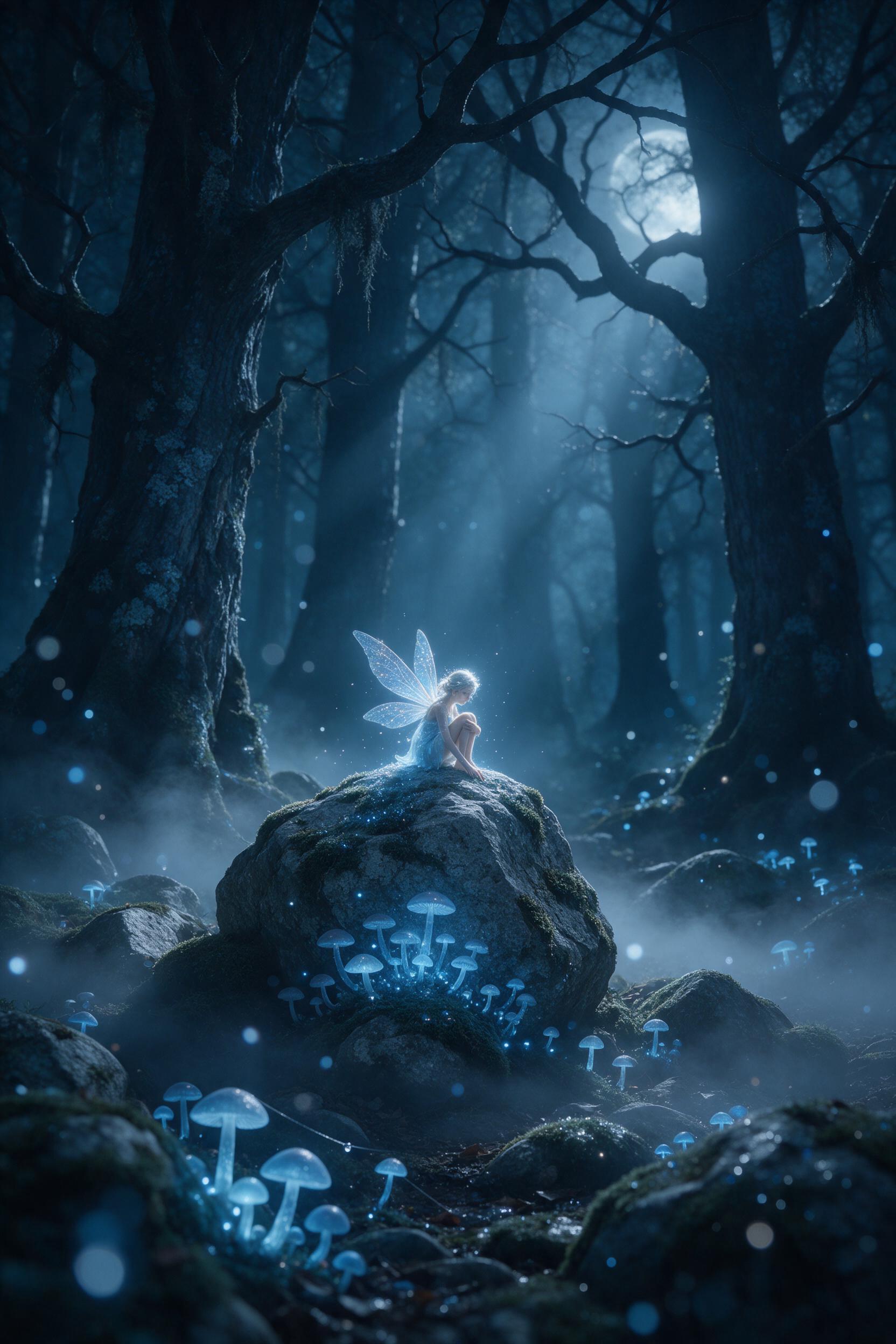 A misty moonlit forest with glowing blue mushrooms and a tiny shimmering fairy perched on a mossy stone, soft volumetric light filtering through ancient trees, deep teal and silver palette, dreamy atmosphere, subtle bokeh, cinematic composition, gentle fog swirling on the ground.