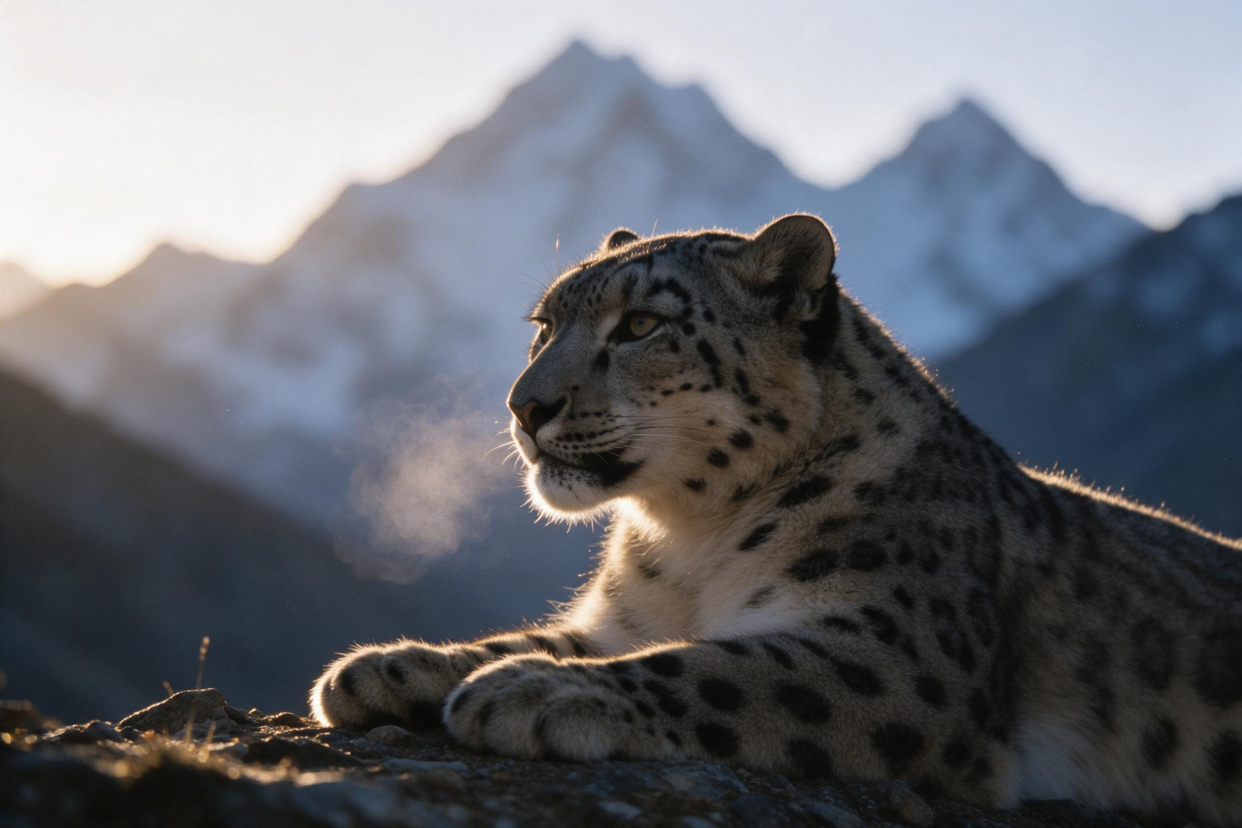 A snow leopard rests on a rocky outcrop at dawn, breath mist visible, fur texture sharp against soft-focus Himalayan peaks, low golden sunlight, slight grain, natural wildlife photography, telephoto compression, shallow depth of field, calm mood.