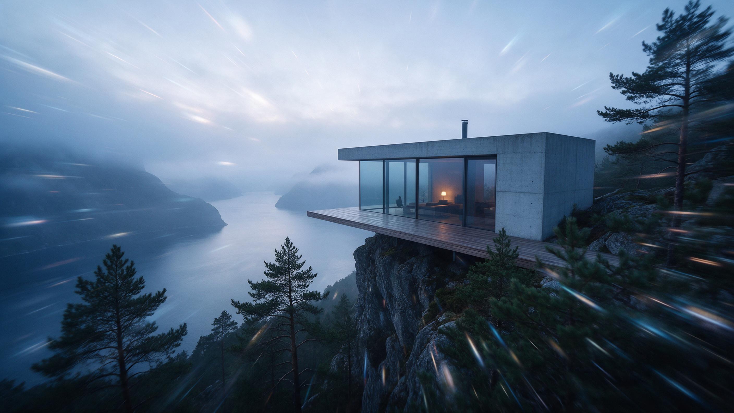 A minimalist concrete house perched on a cliff overlooking a misty fjord in Norway, large glass walls reflecting the soft blue hour light, a single warm interior lamp glowing, wooden deck extending outward, pine trees in the foreground, long exposure with slight camera shake creating ethereal streak