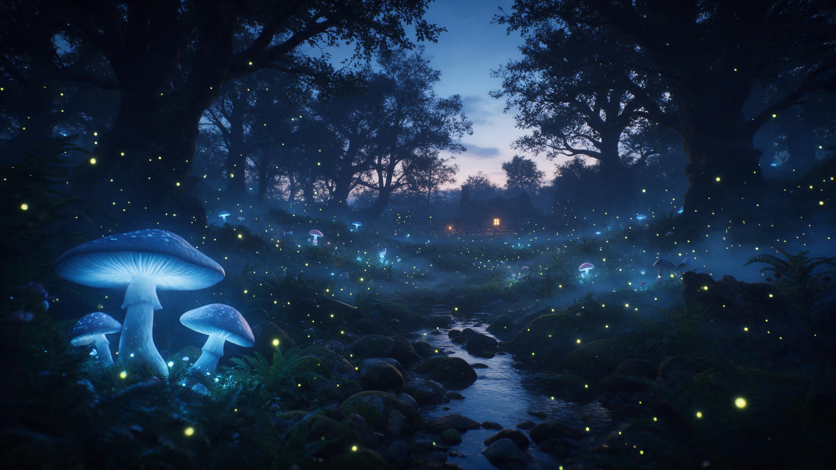 A whimsical forest glade at twilight, colossal glowing mushrooms casting soft blue light, a gentle stream winding through moss-covered stones, fireflies drifting like stars, silhouettes of ancient trees, ethereal mist weaving between ferns, warm firelight from a distant cottage window, cinematic com