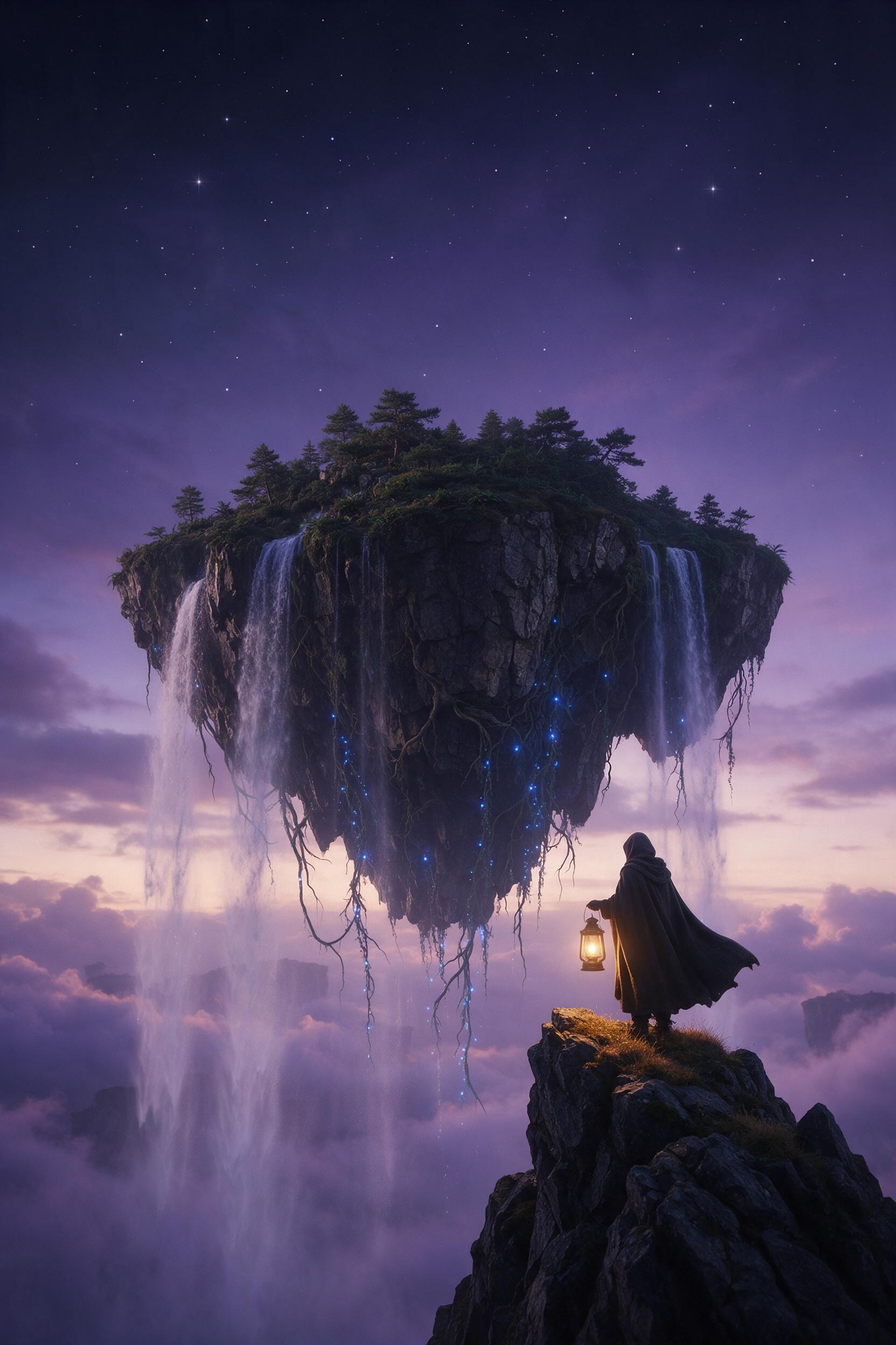 A floating island in twilight, cascading waterfalls dissolving into mist, draped in glowing blue vines. A solitary cloaked traveler stands on a stone peak, holding a lantern casting warm golden light. Soft lavender clouds swirl below, stars piercing a deepening sky. Composed with a low-angle view, e