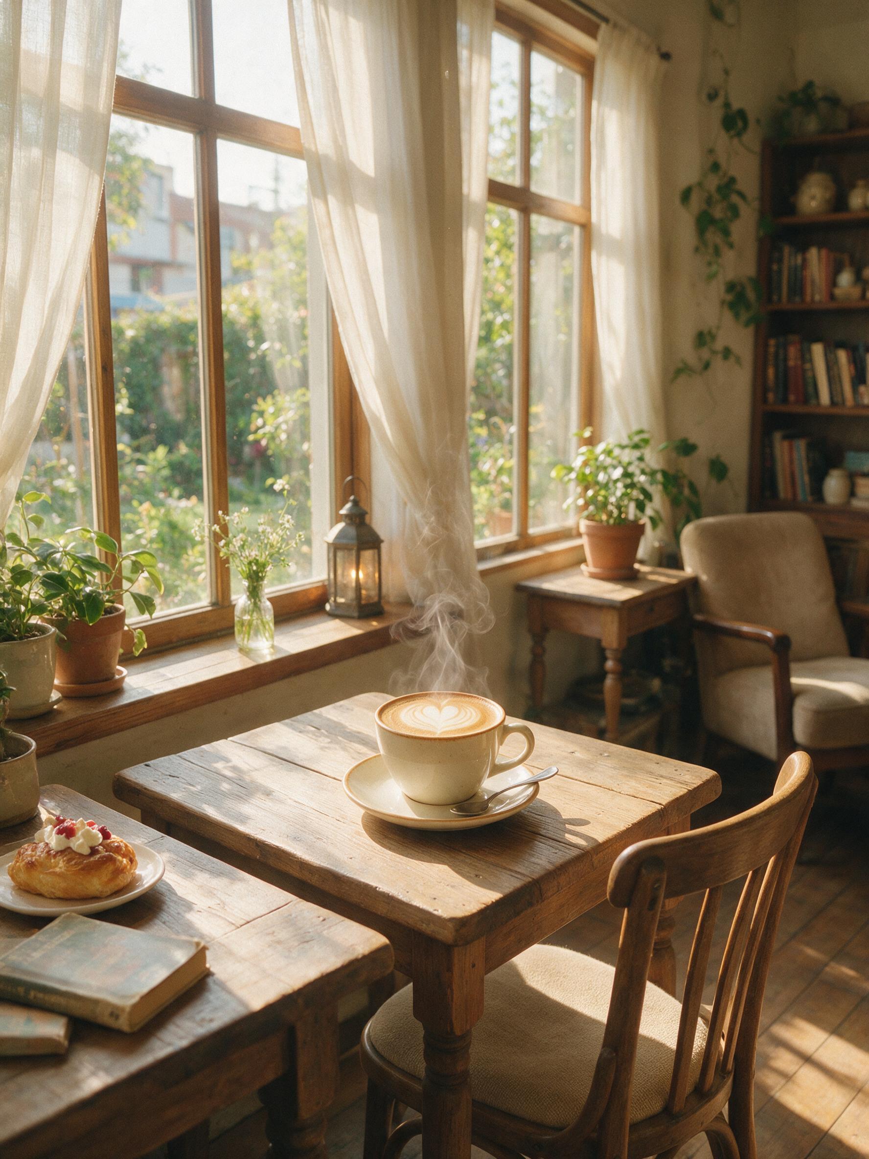 A cozy corner of a sunlit café, warm wooden tables, a steaming latte with latte art, soft morning light through large windows, gentle shadows, slight grain, natural composition, no people