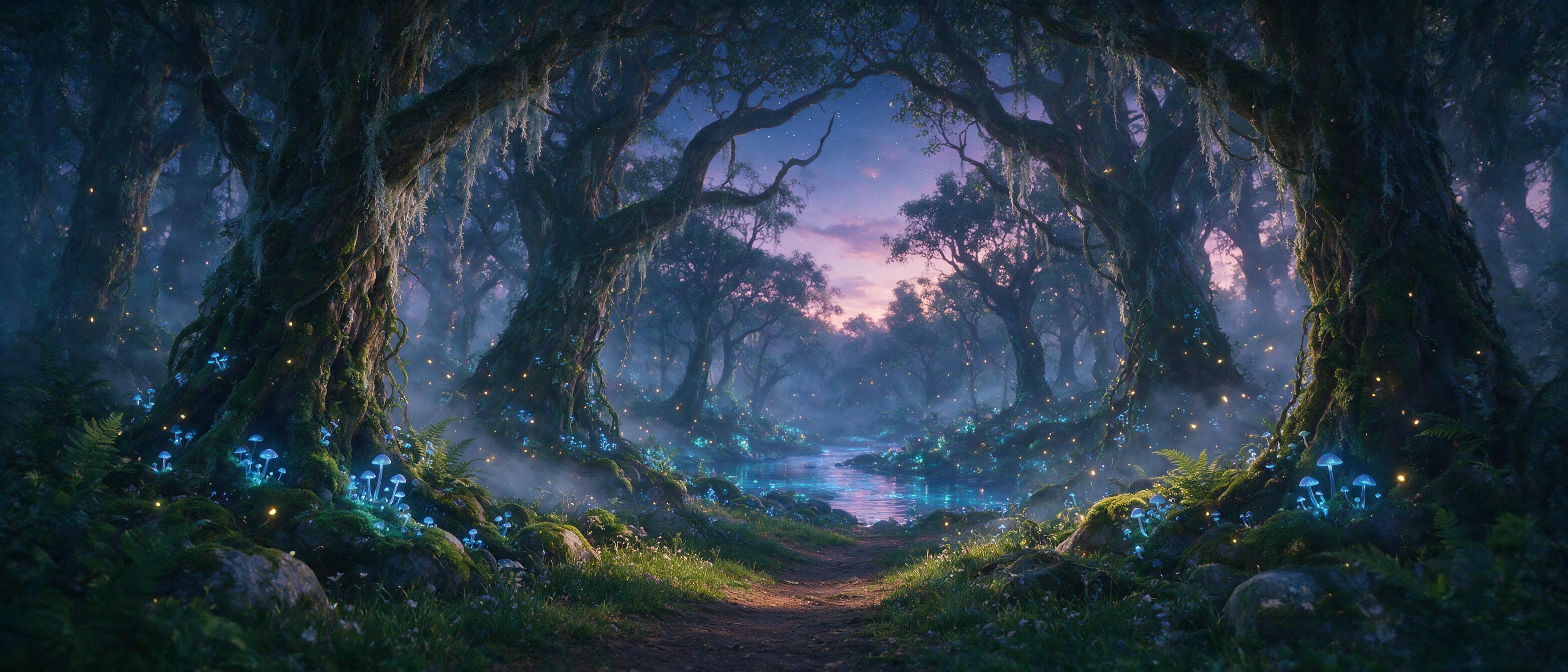 Ethereal forest at twilight, ancient trees with glowing blue mushrooms, soft mist weaving between trunks, distant bioluminescent river, warm golden fireflies dancing, gentle fog, cinematic wide angle, dreamy atmosphere