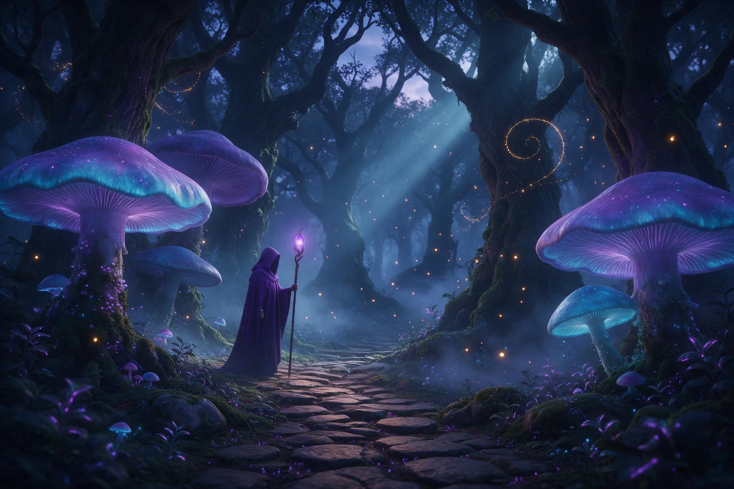 A glowing bioluminescent forest at dusk, giant mushrooms with cyan and violet caps, mist curling between ancient mossy trees, fireflies tracing golden spirals, a lone cloaked figure with a staff standing on a winding stone path, soft volumetric light rays piercing the canopy