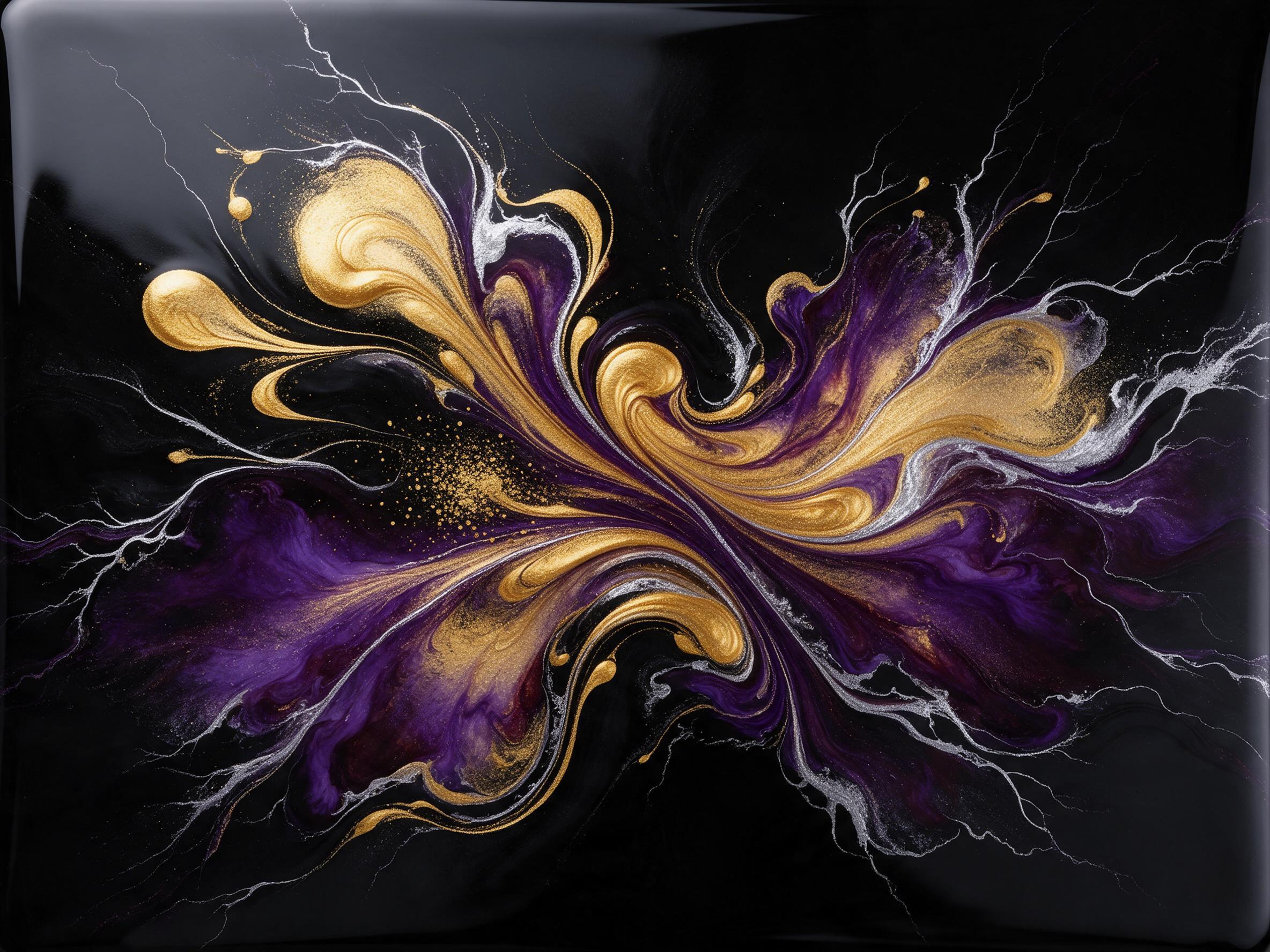 Fluid art of swirling molten gold and deep violet ink colliding on glossy black resin, with delicate silver veins spidering through the edges. Soft studio lighting from the upper left, creating gentle reflections and subtle depth. Minimalist composition centered, with fine texture detail and a sligh