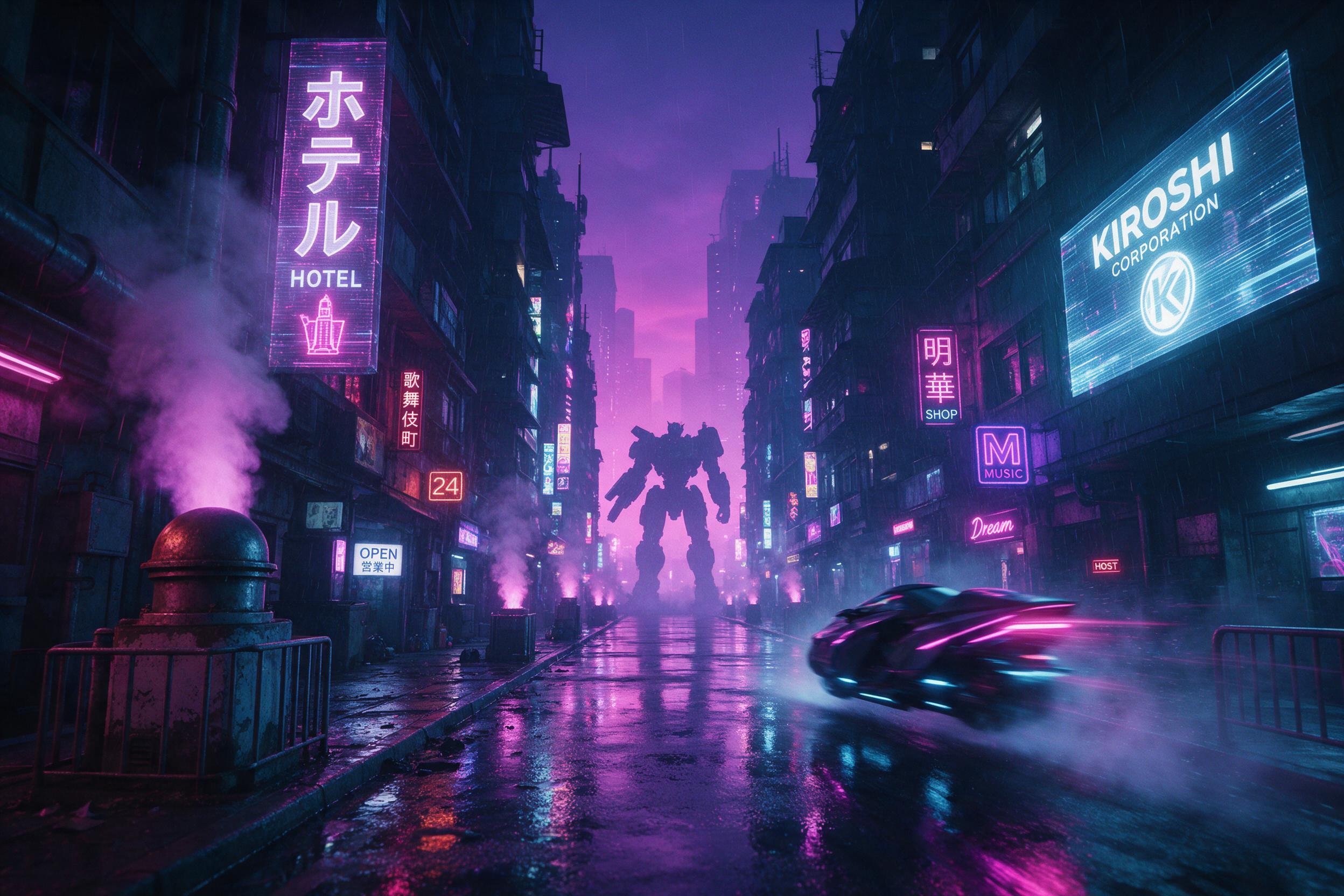 Neon-lit cyberpunk alley in rain, holographic signage reflecting on wet asphalt, steam rising from vents, distant mecha silhouette against purple sky, cinematic composition with leading lines to vanishing point, motion blur from passing speeder, moody atmosphere with cyan and magenta highlights.