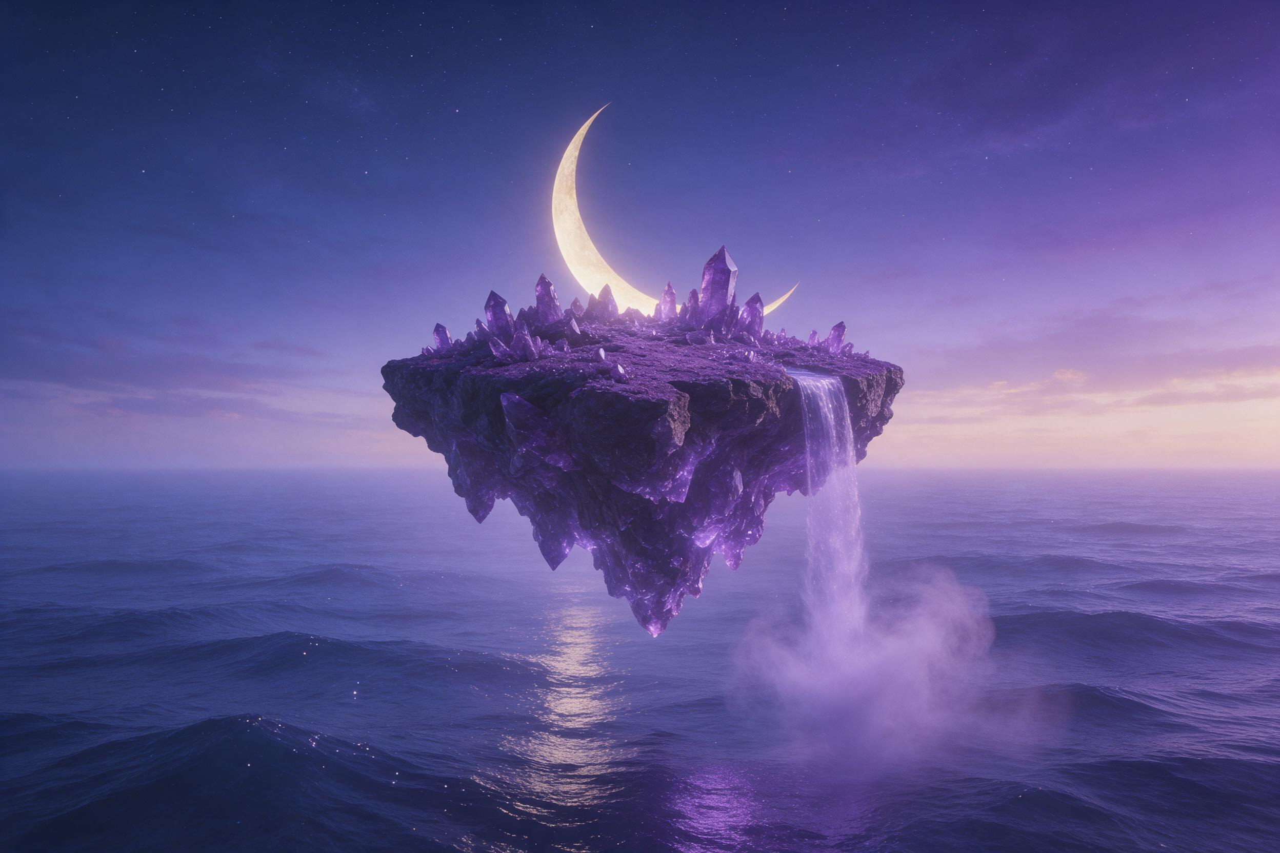 A floating crystal island in a twilight sky, glowing with soft violet light. Below, an endless ocean reflects the stars. A waterfall cascades off the edge, falling into a swirl of mist. Composition centers the island, with a crescent moon rising behind it. Atmospheric perspective, ethereal lighting,