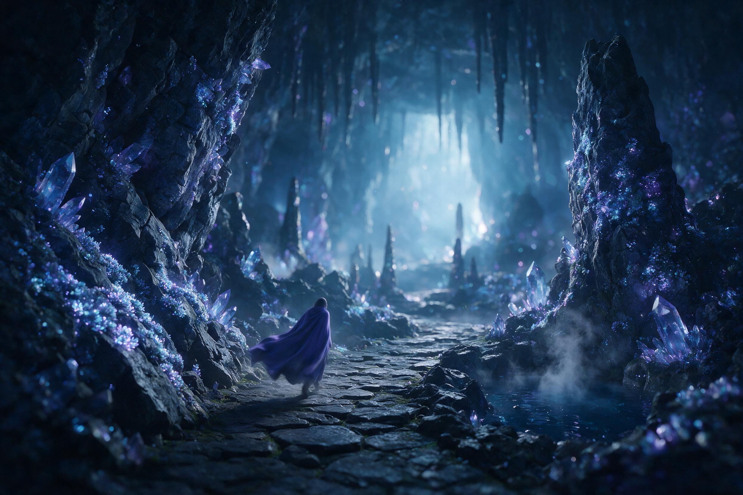 A glowing crystal cavern deep underground, bioluminescent moss covering jagged rocks, a single figure in a flowing cloak walks toward a distant light source, soft blue and purple lighting, mist rising from a small pool, shallow depth of field, cinematic composition.