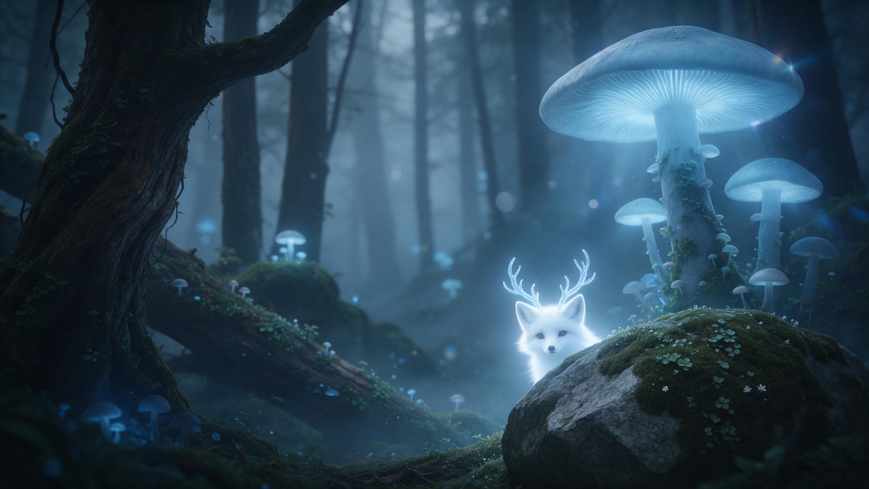 An ancient misty forest with towering bioluminescent mushrooms casting pale blue light, a tiny glowing fox with ethereal antlers peeking from behind a mossy stone, soft volumetric fog, subtle lens flare, cinematic composition, dreamlike atmosphere