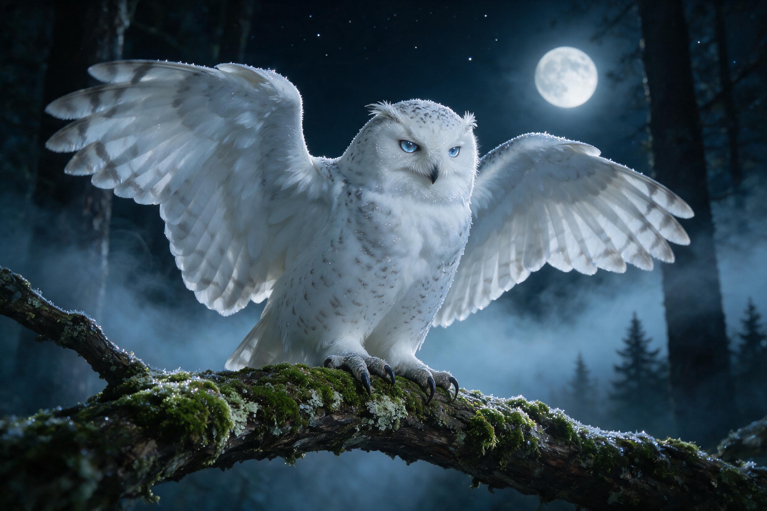 A majestic snowy owl perched on a moss-covered branch in a moonlit forest, wings slightly spread, silver-blue eyes glowing softly, feathers dusted with frost, misty background with faint pine silhouettes, cool natural lighting, slight camera motion blur for depth