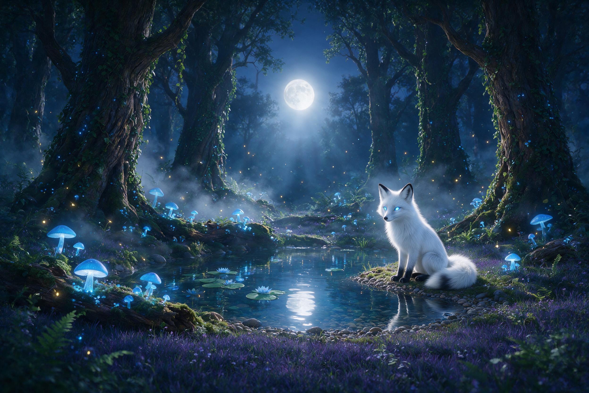 A moonlit enchanted forest clearing, glowing blue mushrooms and fireflies, a silver fox with luminous eyes beside a crystal-clear pond, mist weaving through ancient gnarled trees, soft volumetric moonlight, ethereal atmosphere, subtle bokeh, no people