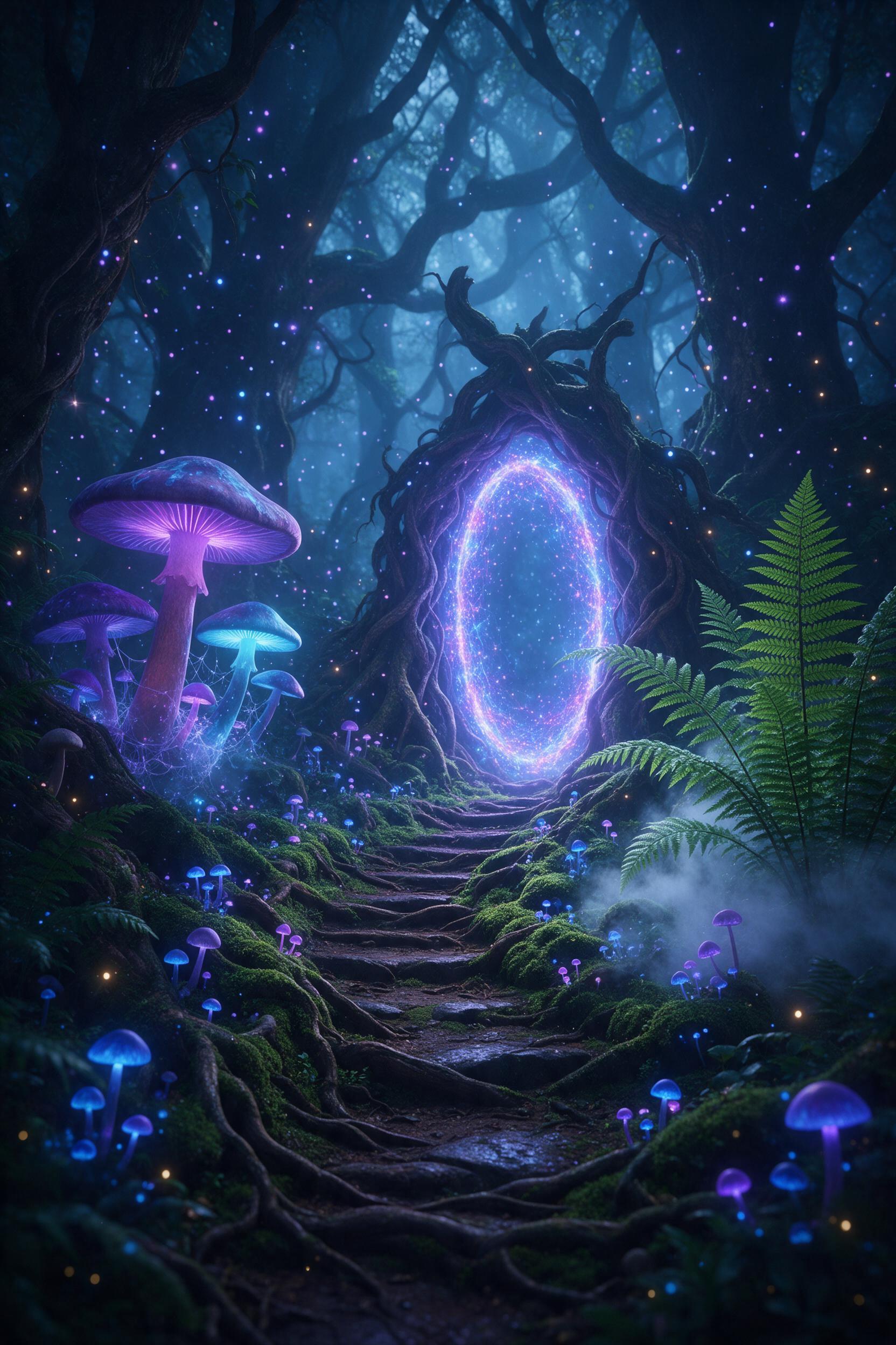 An ancient forest where giant bioluminescent mushrooms glow in purple and blue, their spores drifting like tiny stars in the air. A winding moss-covered path leads to a shimmering portal of light between twisted roots. Mist curls around the towering ferns, and fireflies add golden sparks. Soft volum