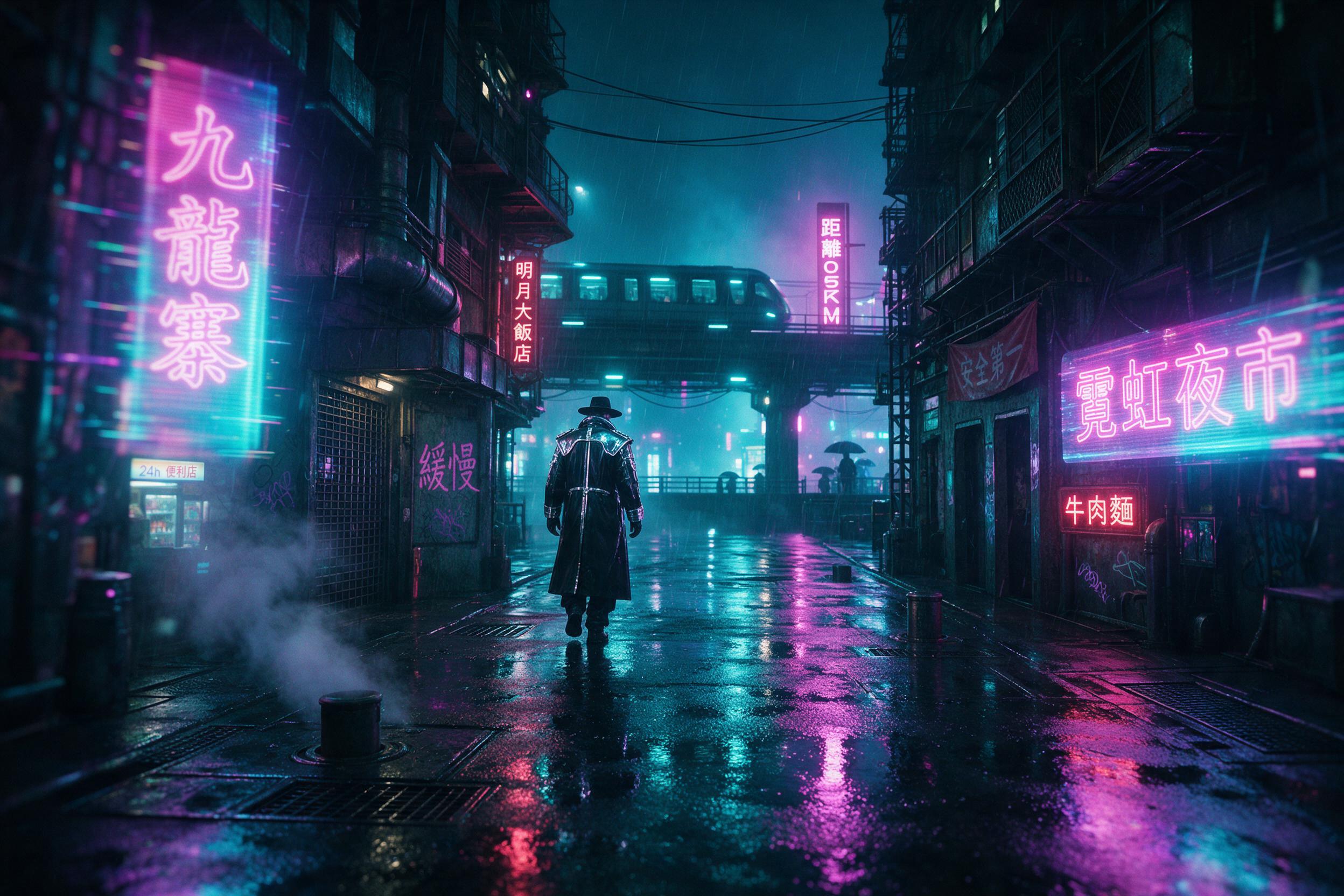 A neon-lit cyberpunk alley in rain, holographic signs flickering with Chinese characters, a lone figure in a chrome-trimmed coat walking toward a distant monorail, steam rising from vents, reflections on wet asphalt, shallow depth of field, moody cinematic lighting with cyan and magenta tones.