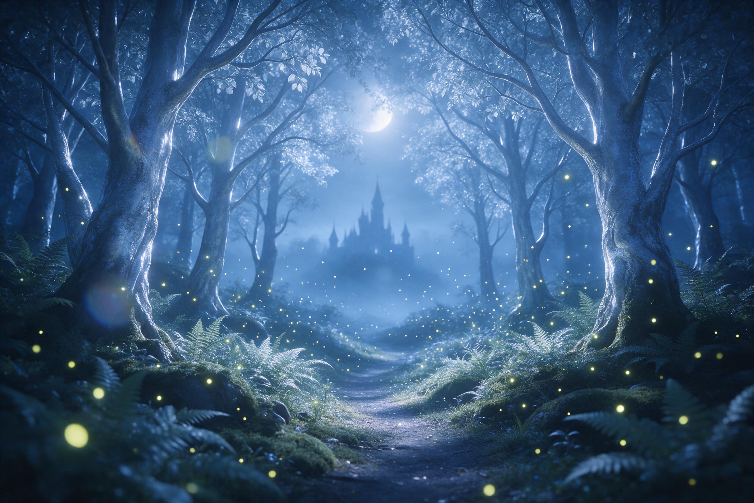 A moonlit enchanted forest with silver-blue trees, glowing fireflies swirling around a winding path, a ethereal castle silhouette in the misty distance, soft volumetric light, delicate ferns and moss, magical atmosphere, slight lens flare, serene composition