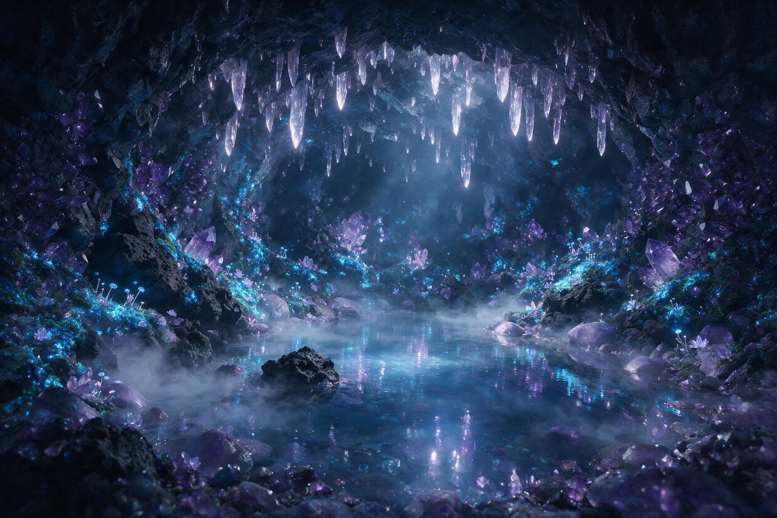 A luminous crystal cave deep underground, bioluminescent moss clinging to jagged amethyst walls, a faint mist swirling around a central pool reflecting soft blue light, shot with a wide-angle lens and subtle volumetric fog, no harsh shadows.