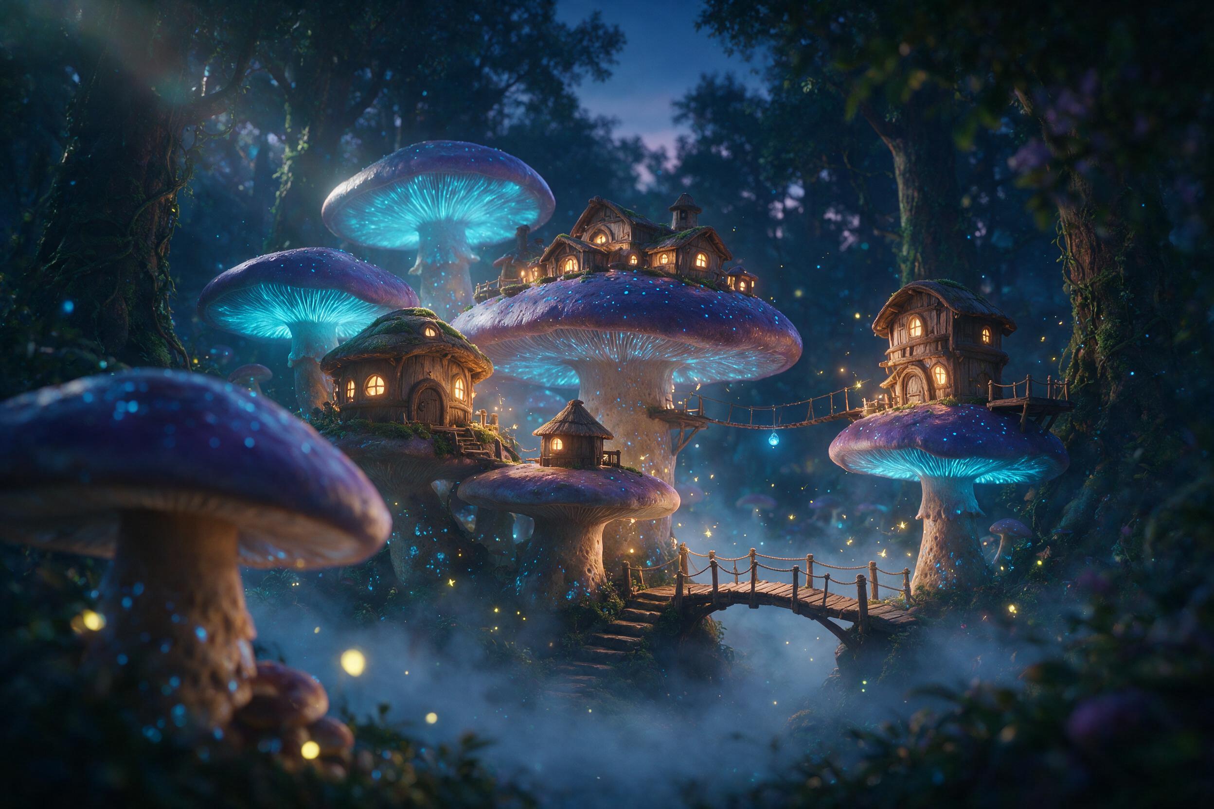 A luminous fairy village nestled within giant glowing mushrooms, soft bioluminescent blue and purple light, a gentle mist swirling around tiny wooden bridges, fireflies dancing in the air, twilight atmosphere, deep forest background, cinematic composition with shallow depth of field, slight lens fla
