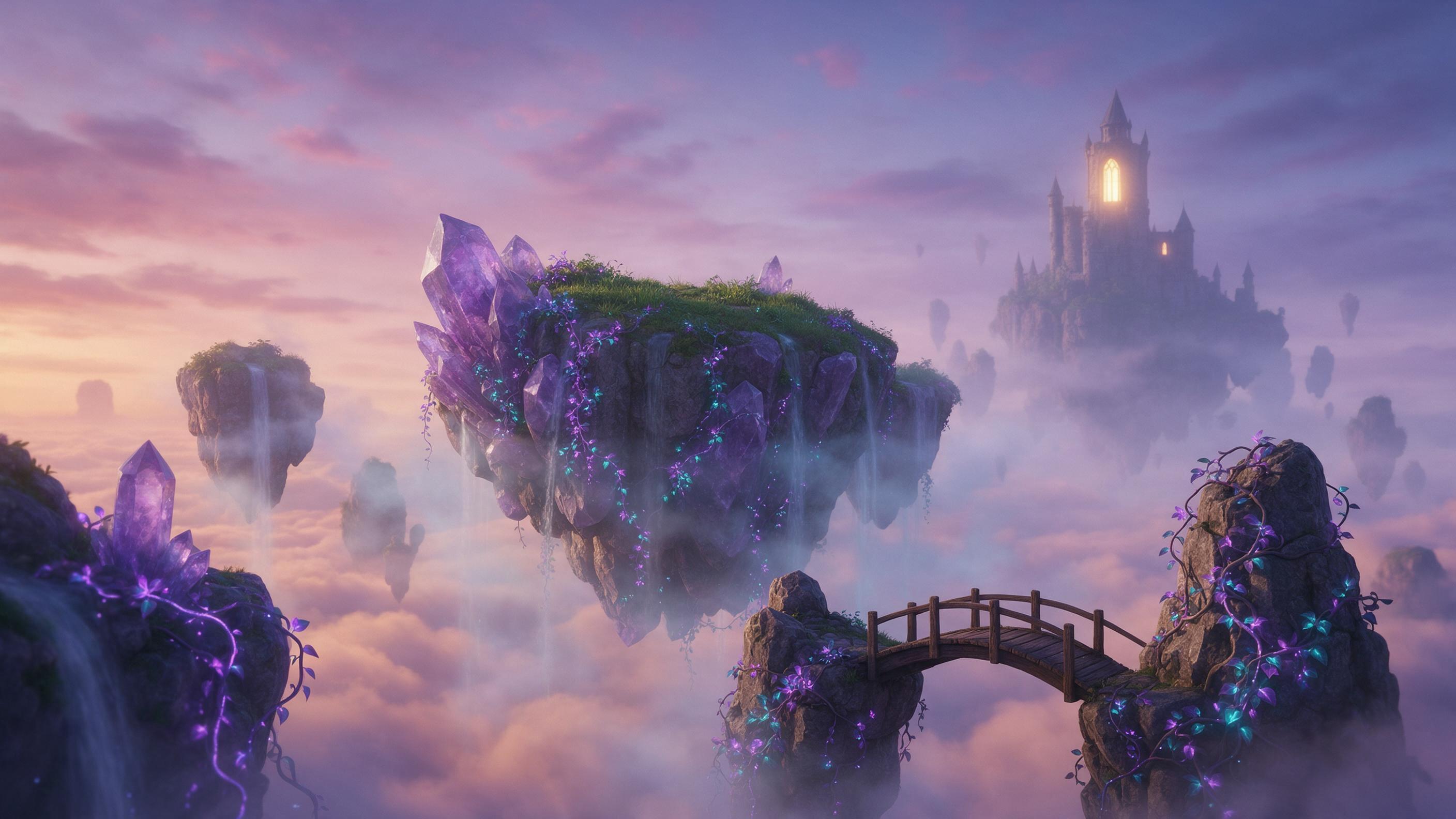 A floating crystal island at dusk, waterfalls cascading off edges into mist, bioluminescent vines glowing in violet and teal, a small wooden bridge connecting two floating rocks, soft fog rolling between, warm golden light from a distant castle window, clouds below, rich atmospheric perspective