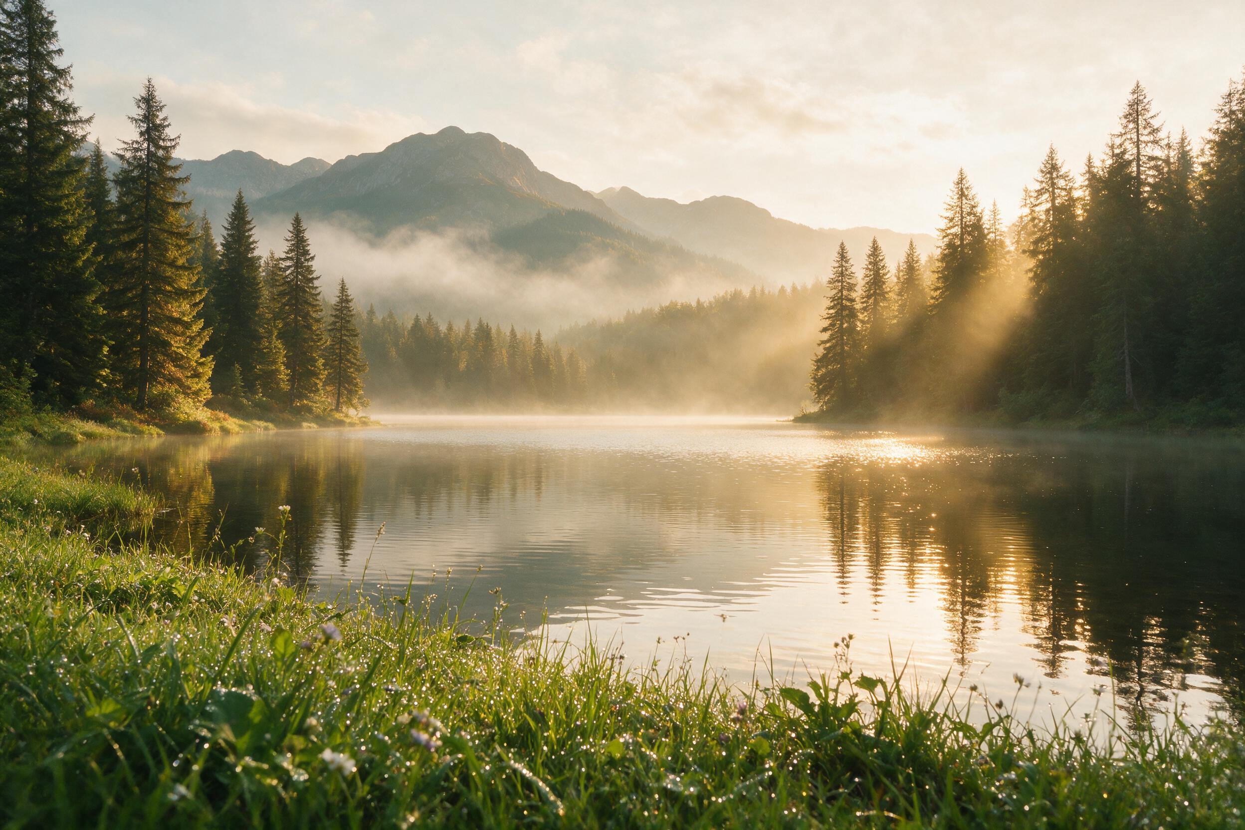 Misty morning over a calm lake, mountains in the background, soft golden sunlight filtering through trees, gentle ripples on water, dewdrops on grass, natural earthy tones, serene atmosphere, shallow depth of field, slight haze