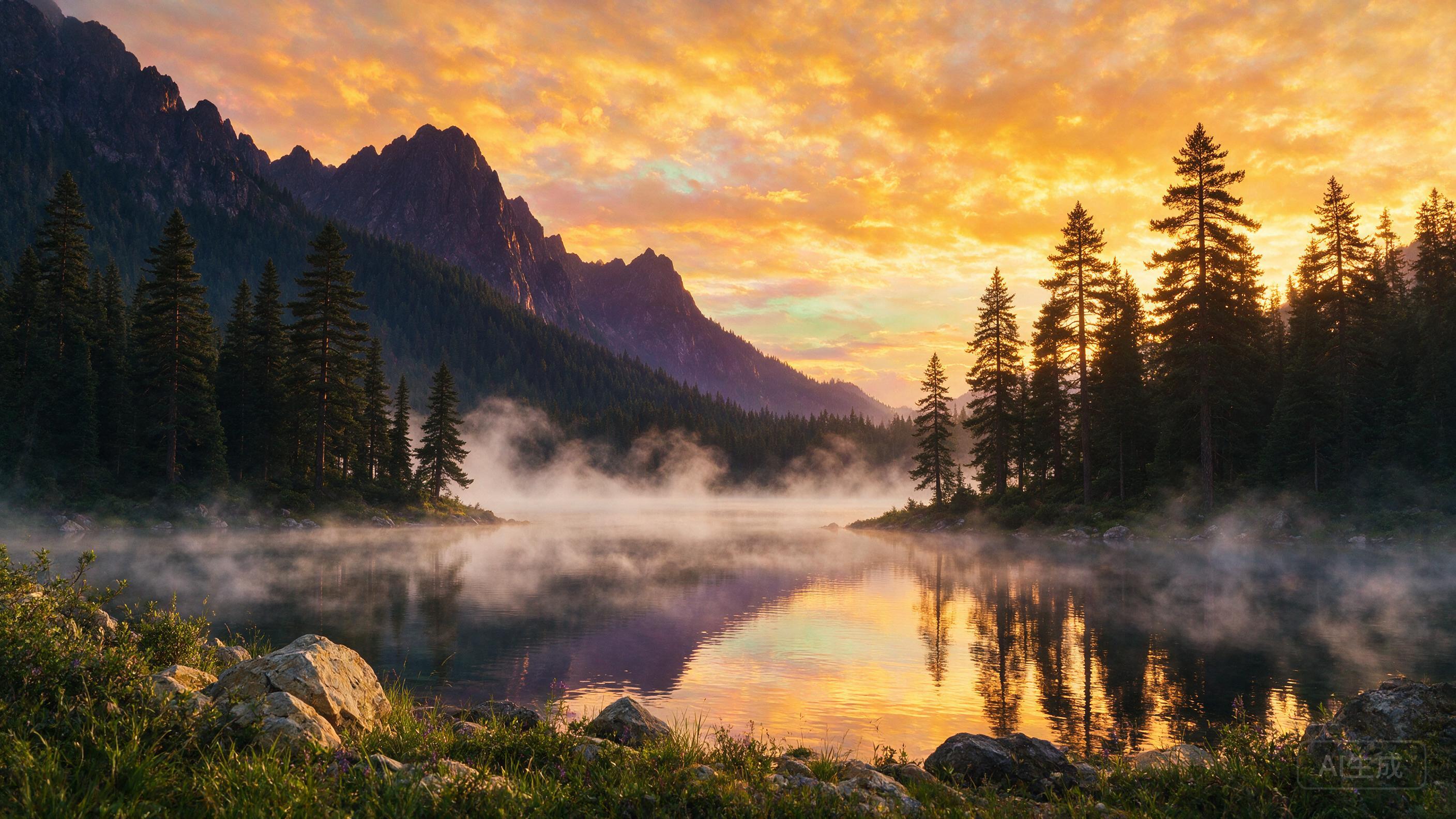 A serene mountain lake at sunrise, mist rising from the water, pine trees silhouetted against golden clouds, ultra-detailed, cinematic lighting
