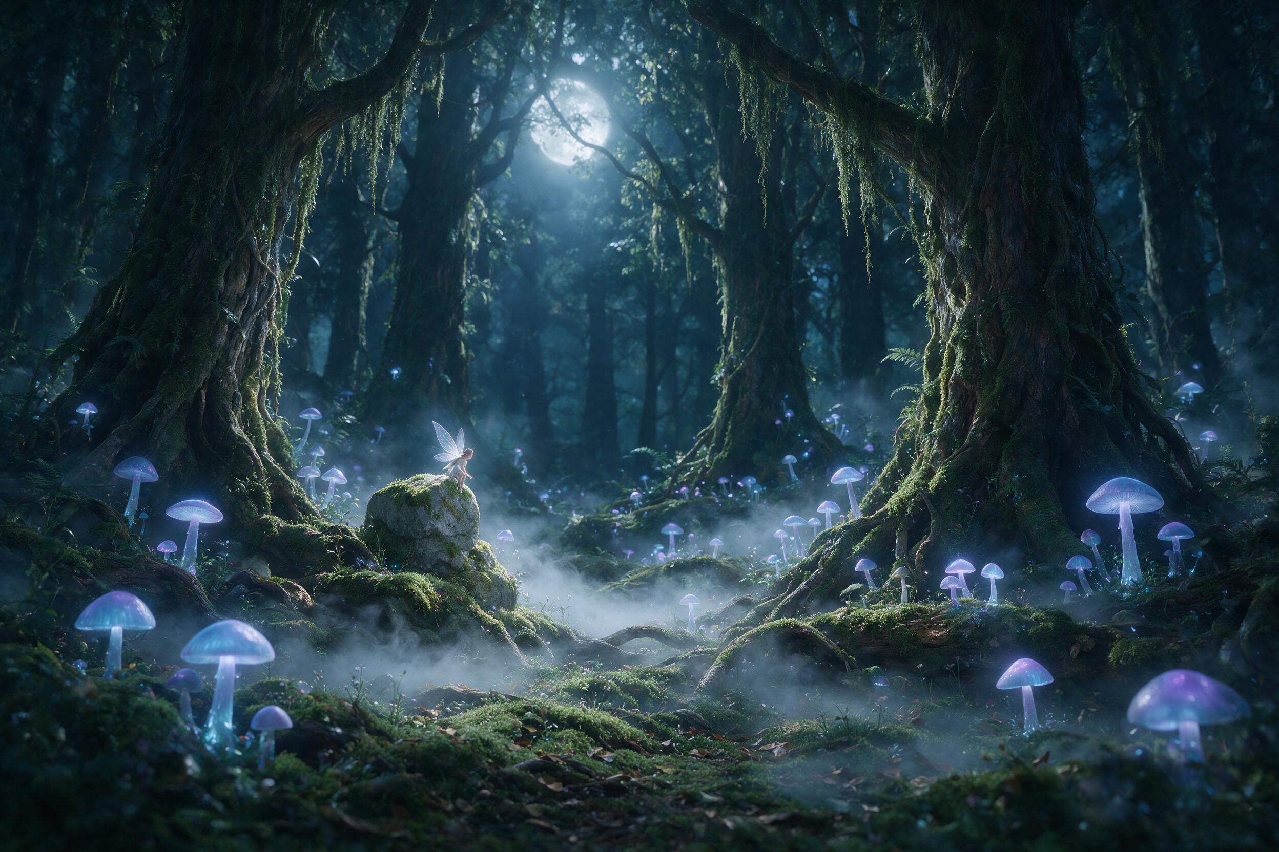 A moonlit ancient forest with towering bioluminescent mushrooms casting soft blue and purple glow, a small fairy with translucent wings perched on a mossy stone, mist weaving between gnarled roots, gentle fog, cool ethereal lighting, shallow depth of field, delicate details, no harsh shadows