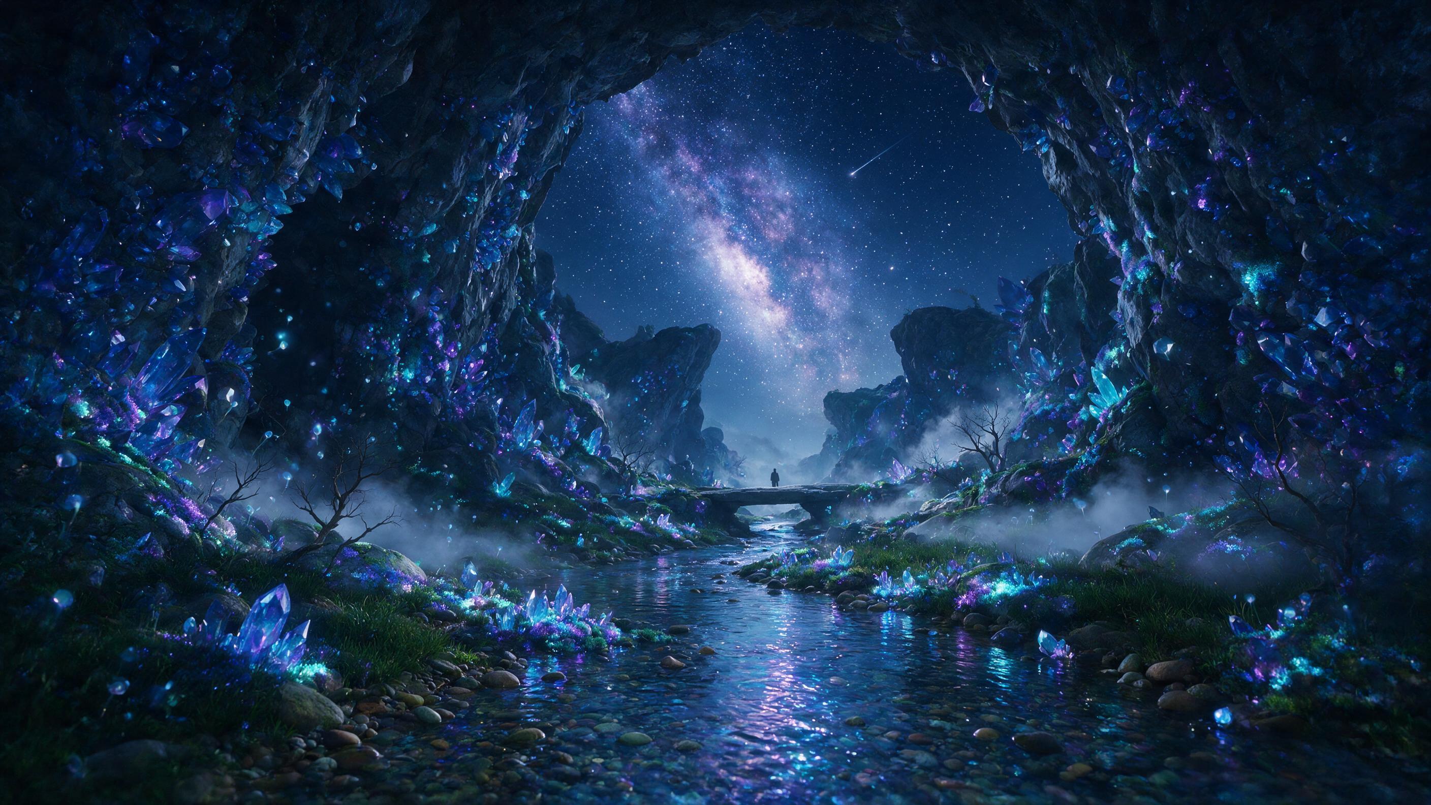 A glowing crystal cavern beneath a starlit sky, luminescent moss and floating spores drift through the air, a small stream reflects bioluminescent blues and purples, soft mist, wide-angle composition with a lone figure silhouette in the distance, ethereal atmosphere