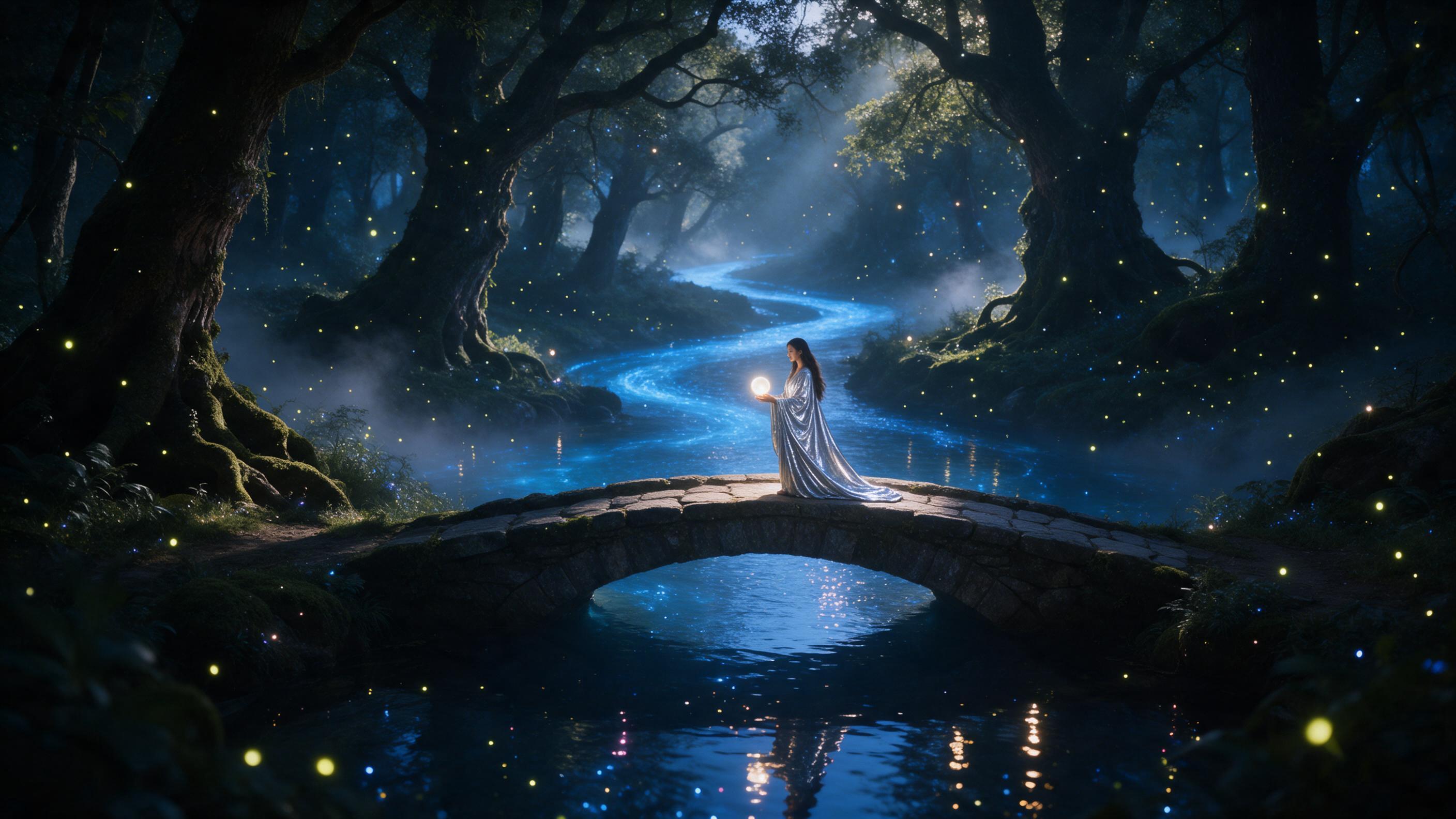 In an enchanted forest at twilight, a glowing blue river winds through ancient moss-covered trees; fireflies drift like stars, soft mist rises; woman in flowing silver robe stands on a stone bridge, holding a luminous orb; ethereal light rays pierce canopy, reflections shimmer on water; dark backgro