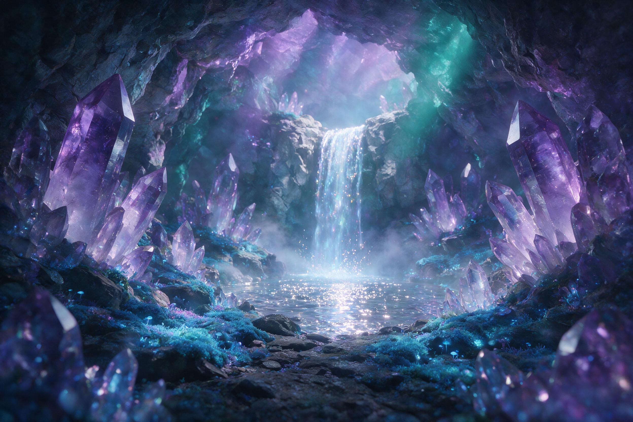 A luminous crystal cave with towering amethyst formations, soft bioluminescent blue moss covering the ground, a glowing ethereal waterfall cascading into a pool of liquid silver, misty atmosphere, subtle purple and turquoise light rays filtering through the cavern, dreamlike and magical