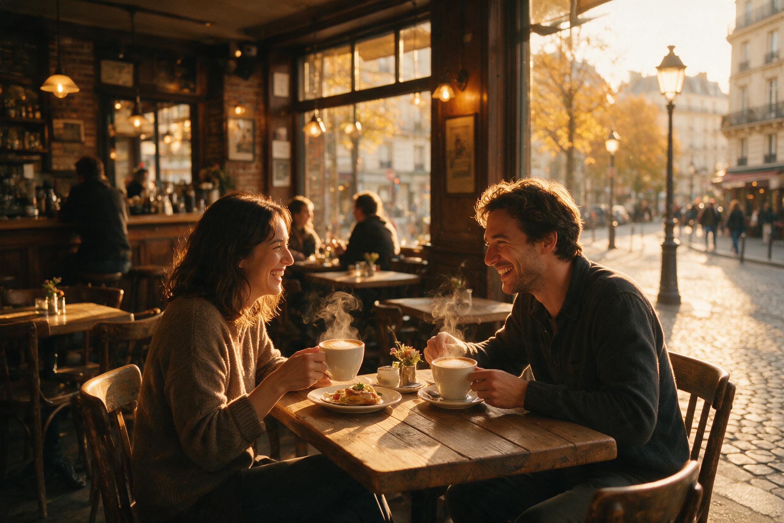 A cozy Parisian café interior at golden hour, warm amber light streaming through large windows, two friends laughing over cappuccinos, steam rising, rustic wooden tables, blurred background of vintage street lamps and cobblestones, soft natural lighting, slight grain, 35mm lens, shallow depth of fie