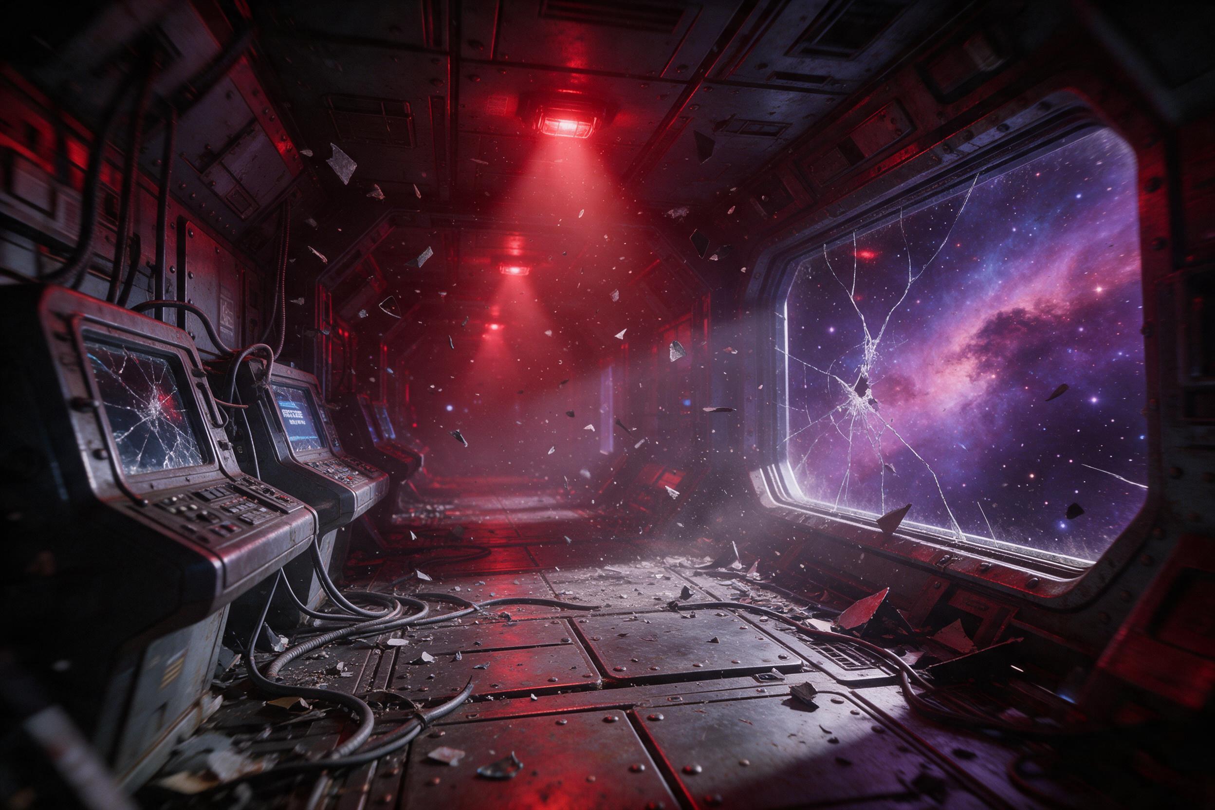 A derelict space station corridor bathed in flickering red emergency lights, floating debris and scattered cables, dust particles drifting through beams from a shattered viewport showing a distant nebula, abandoned control panels with cracked screens, dramatic volumetric lighting, slight camera shak