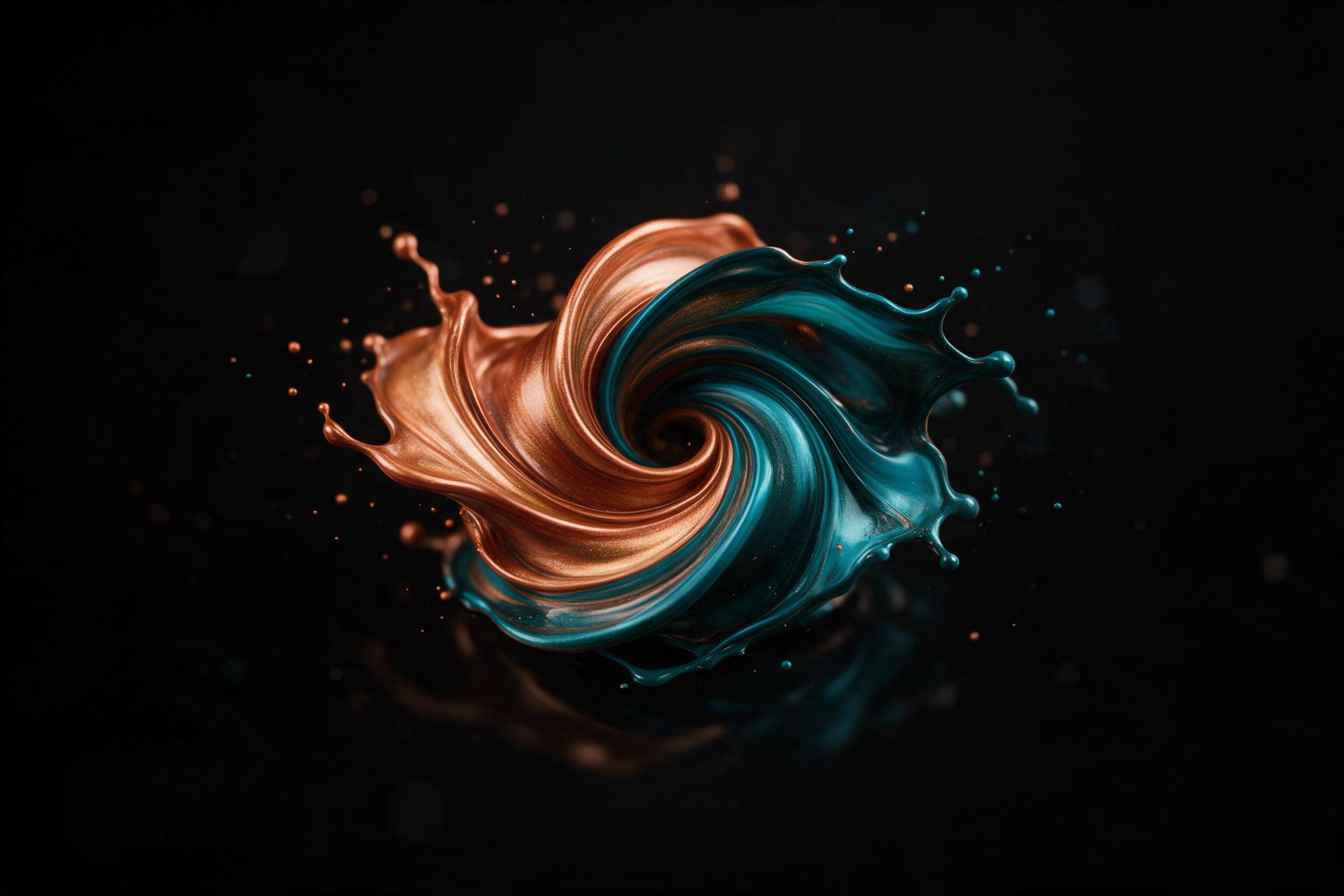 Minimalist fluid art in a matte black void, swirling ribbons of molten copper and electric teal collide mid-air, soft studio lighting casts a subtle reflection on glossy surface, composition centered with negative space on edges, shot with a medium format camera, creamy bokeh in background