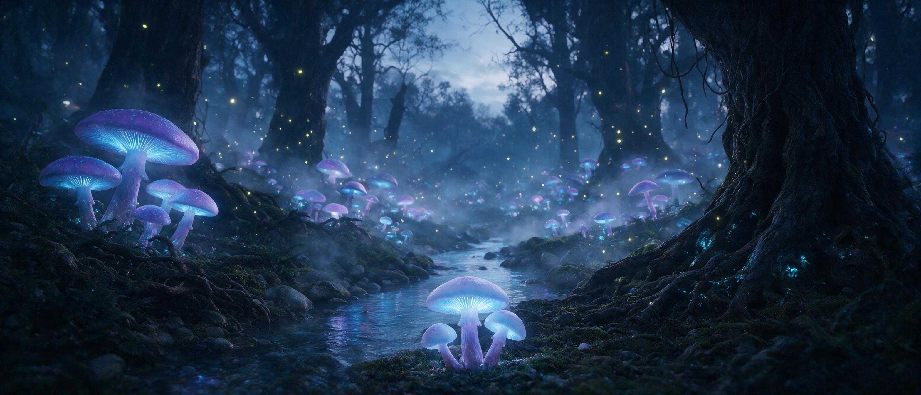 A bioluminescent forest at twilight, giant glowing mushrooms with blue and purple hues, floating fireflies casting soft light, a small stream winding through moss-covered stones, mist rising from the ground, silhouetted ancient trees in the background, magical atmosphere, ethereal lighting, cinemati