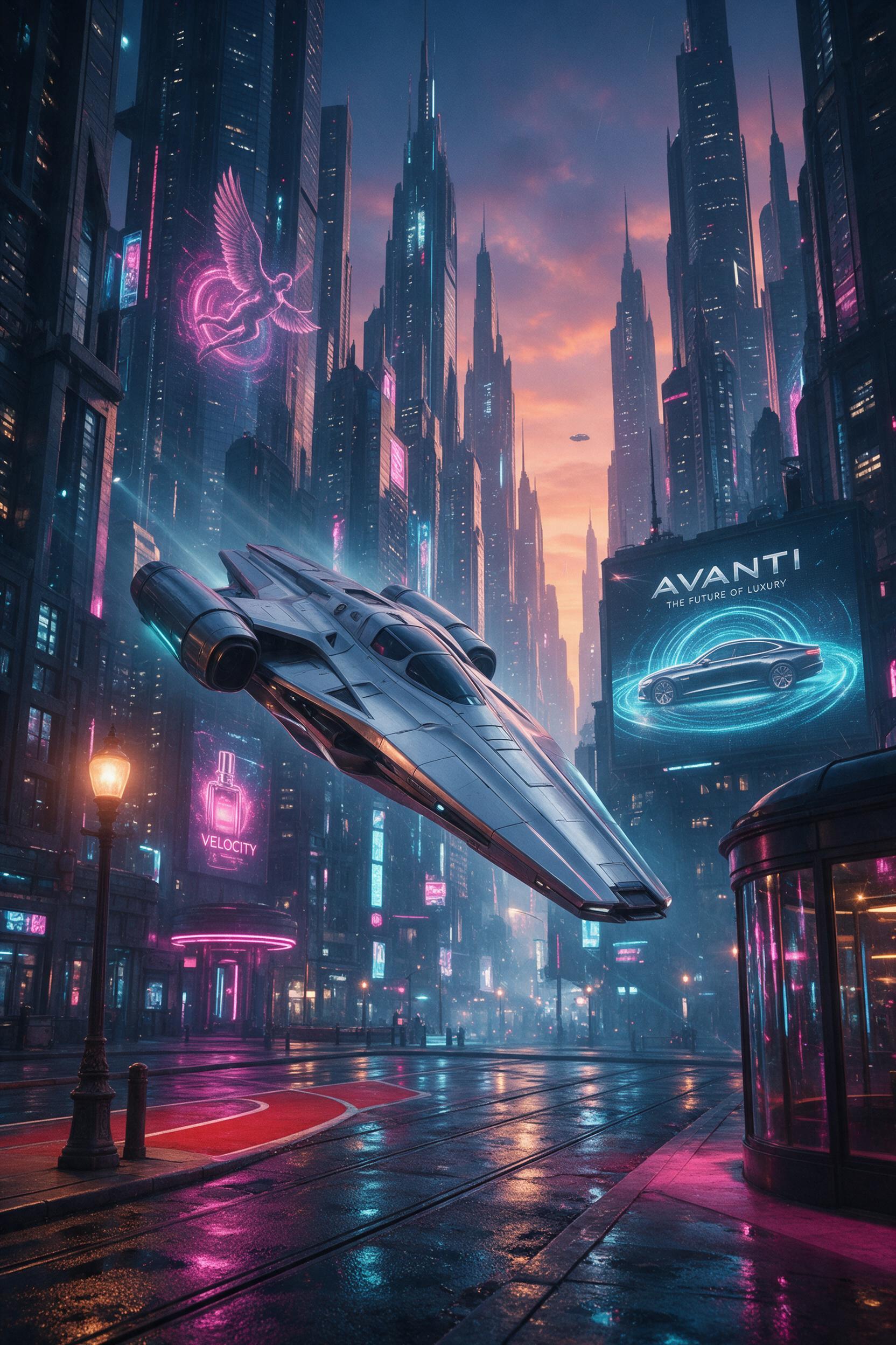 A sleek silver starship gliding through a neon-lit cyberpunk city skyline at dusk, holographic advertisements flickering on towering spires, rain-slicked streets reflecting magenta and cyan lights, atmospheric haze, dramatic low-angle shot, slight motion blur on the ship, deep focus on foreground de