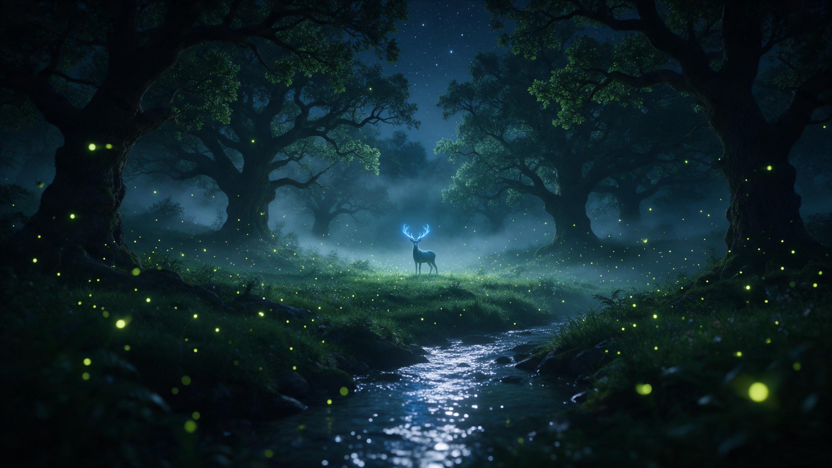 A moonlit forest clearing with a bioluminescent deer, antlers glowing soft blue, mist weaving through ancient oak trees, fireflies floating like lanterns, a silver stream reflecting stars, deep emerald and indigo tones, ethereal atmosphere, soft focus on the deer, wide-angle composition.