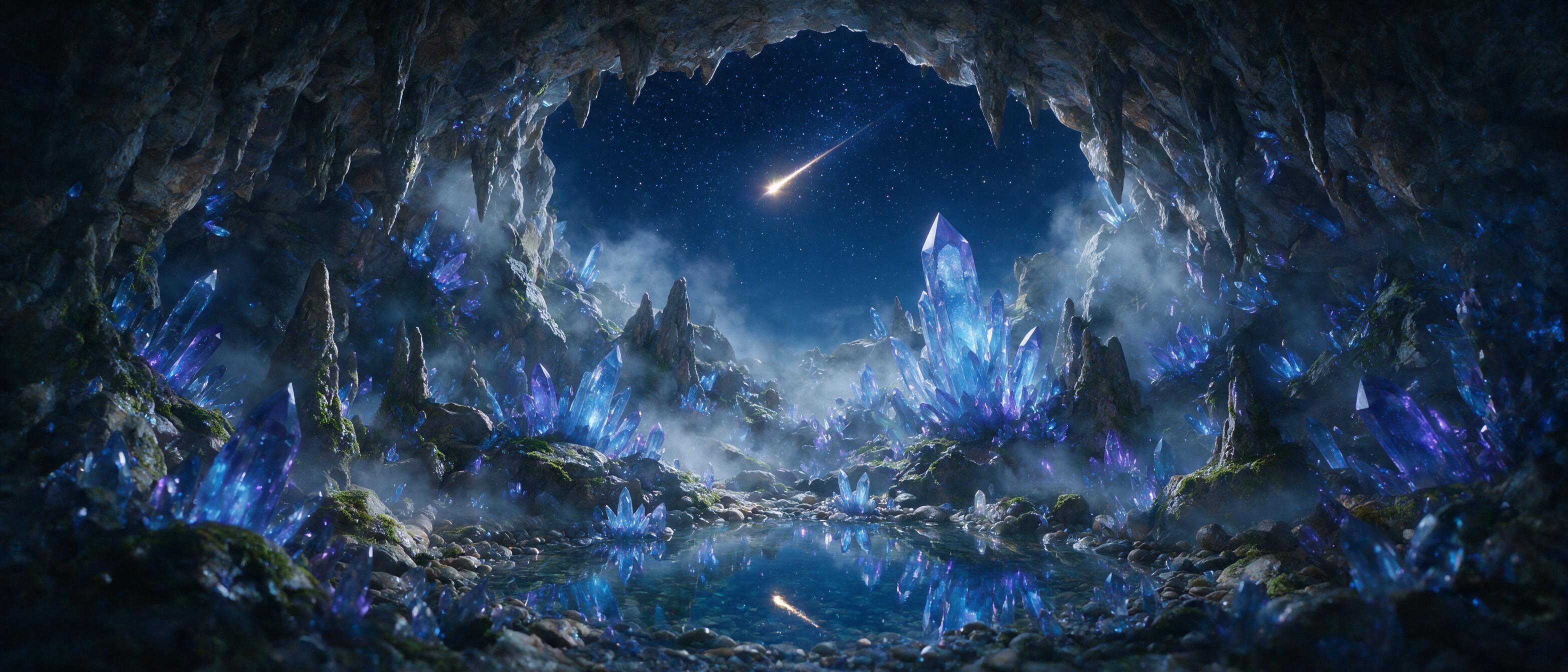A glowing crystal cavern beneath a midnight sky, bioluminescent blue and violet crystals jutting from damp rock, a small clear pool reflecting their light, soft mist drifting, ethereal atmosphere, shooting star visible through an opening above, cinematic wide shot