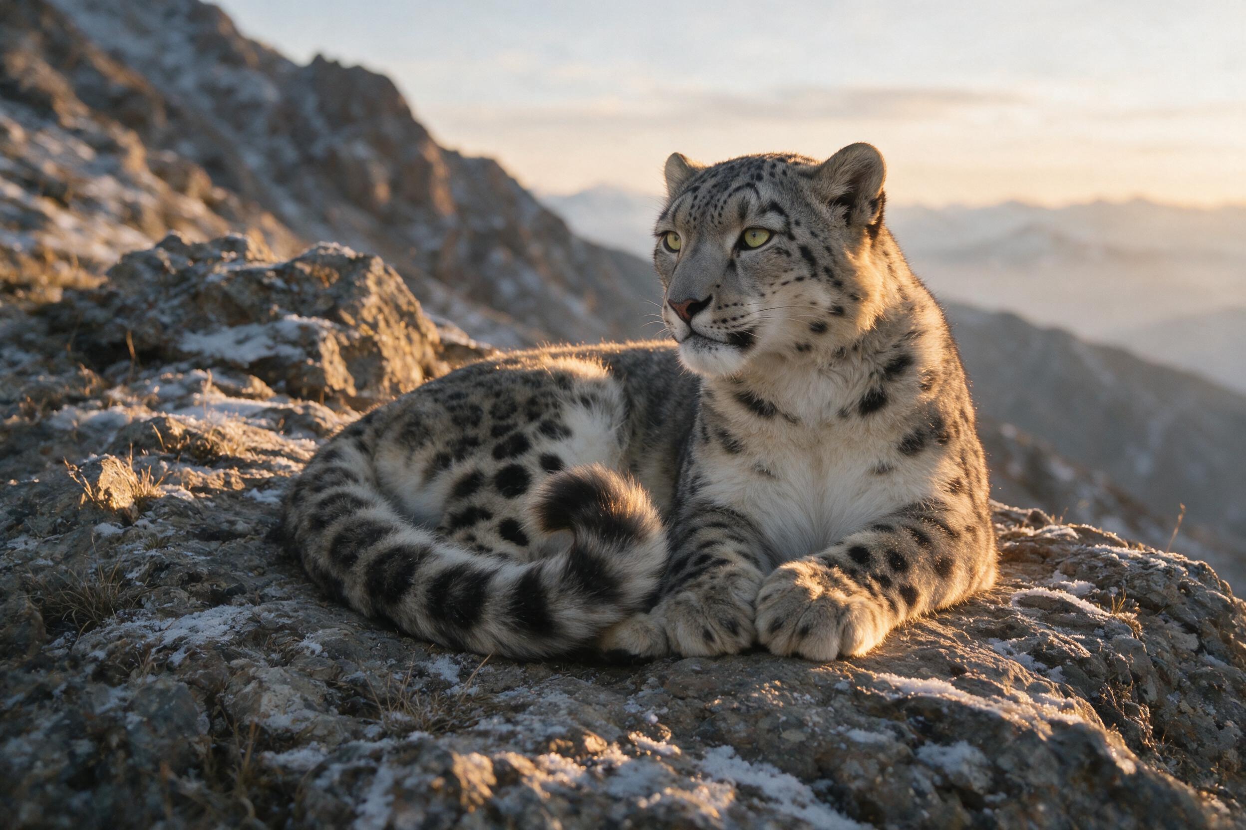 A snow leopard rests on a rocky outcrop at dawn, soft golden light illuminating its fur, misty mountains in the background, shallow depth of field, slight camera shake, natural grain, muted earthy tones, no blur or distortion.