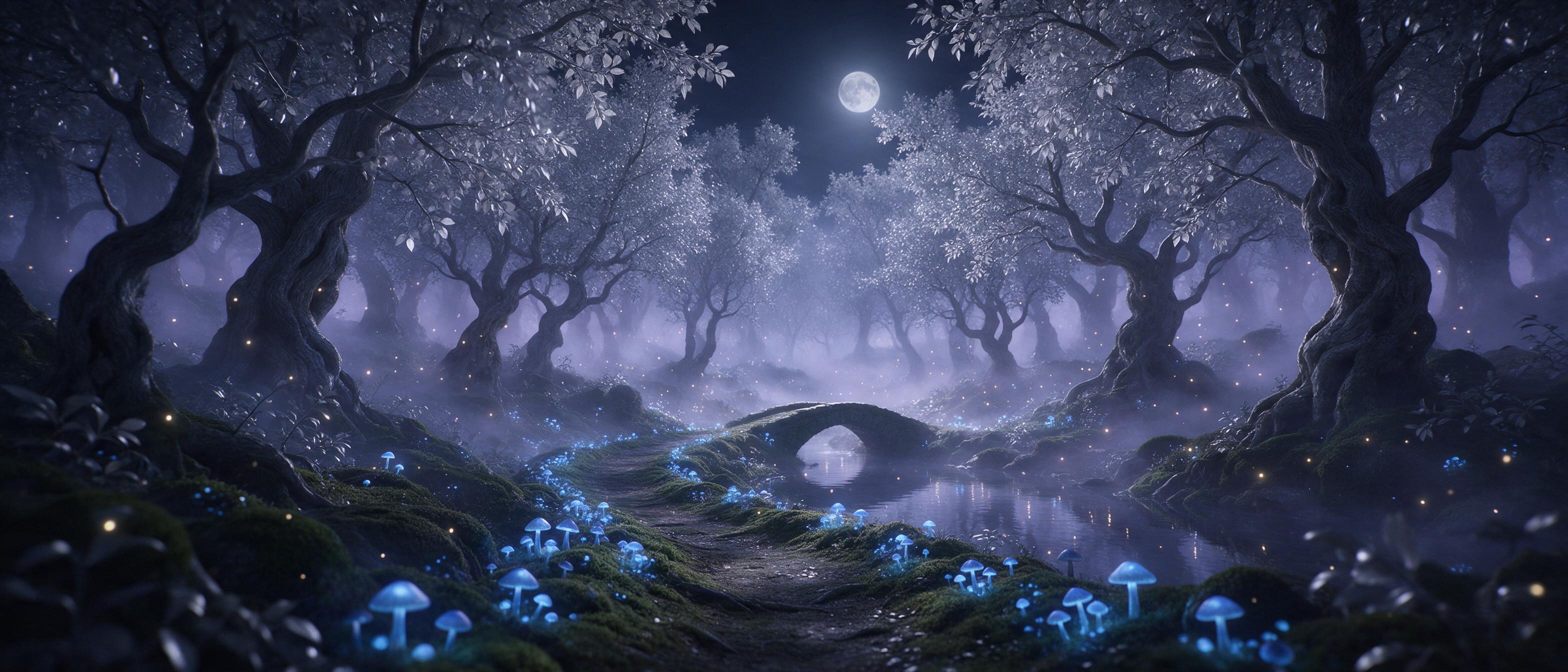 A moonlit enchanted forest with glowing blue mushrooms casting soft light on a winding mossy path, fireflies dancing in mist, ancient gnarled trees with silver leaves, ethereal pale purple fog, a small stone bridge over a reflective stream, cinematic wide shot, dreamy and mysterious atmosphere