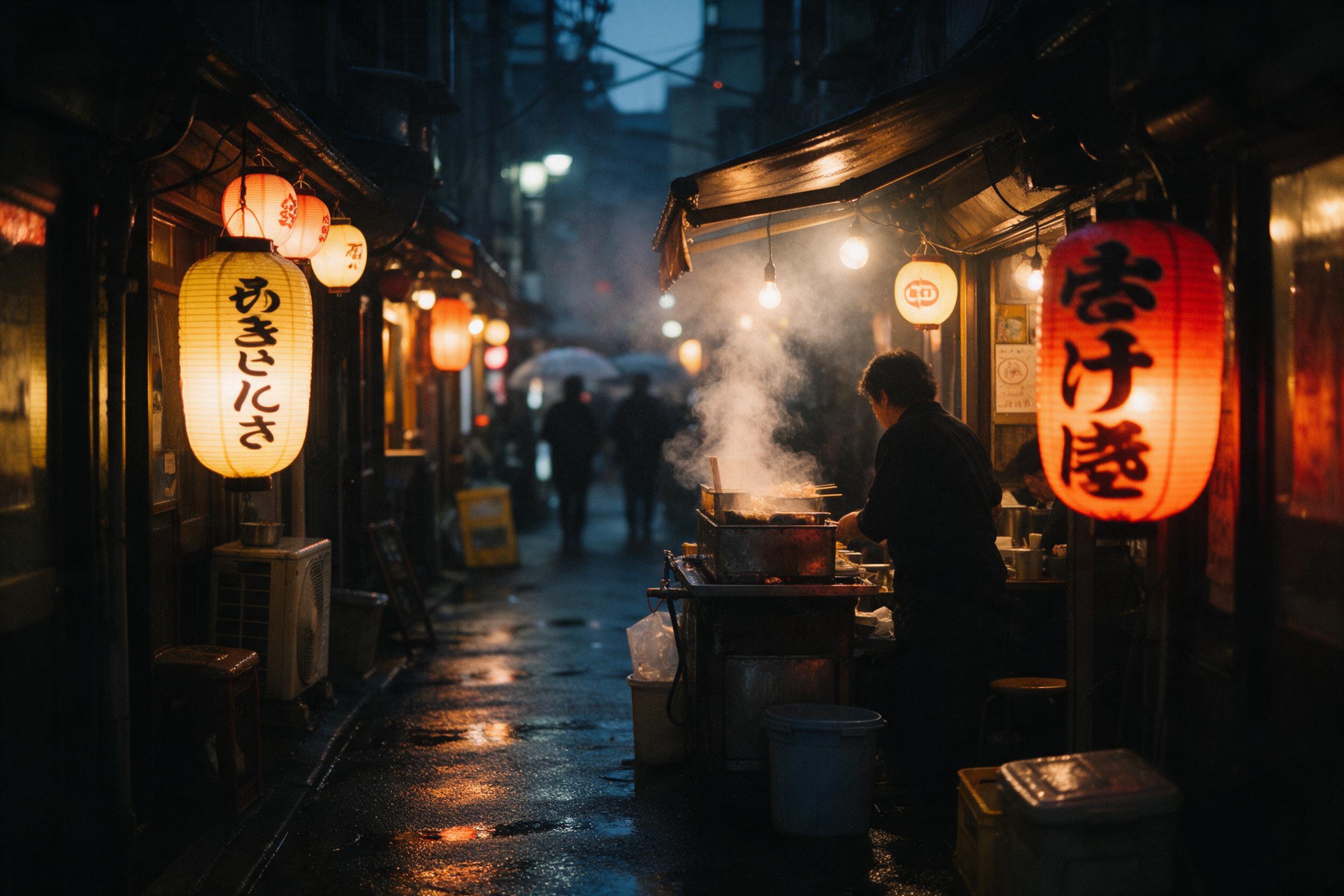 A cozy rainy evening in a narrow Tokyo alley, glowing izakaya lanterns reflecting on wet asphalt, steam rising from a food stall, blurred silhouettes with umbrellas, shallow depth of field, warm tungsten light against cool blue twilight, slight film grain, 35mm perspective.