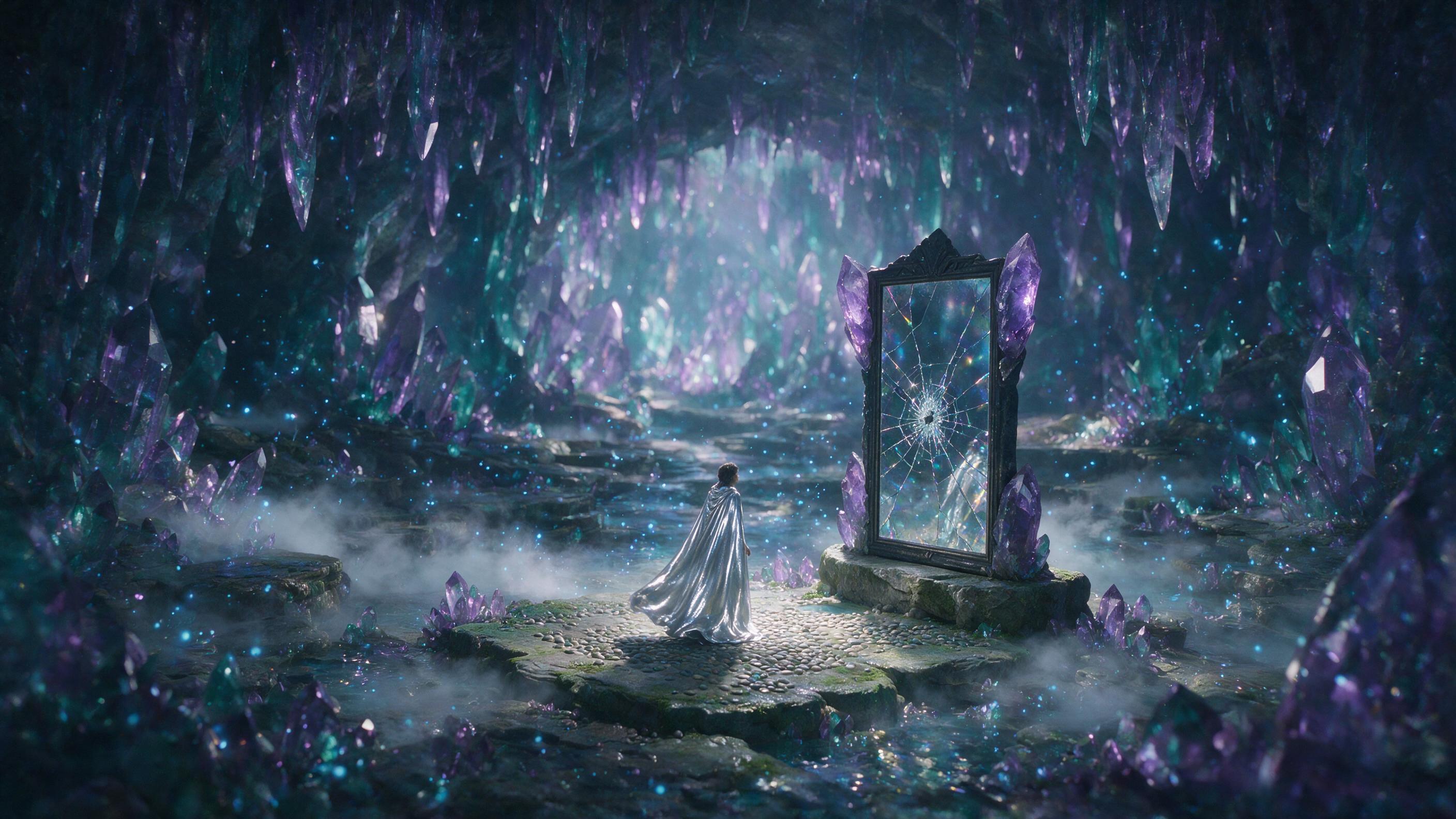 A luminous crystal cave deep underground, with floating blue bioluminescent spores, a lone figure in a flowing silver cloak stands before a fractured mirror, soft mist swirling, muted purple and teal hues, cinematic composition, natural ambient glow.