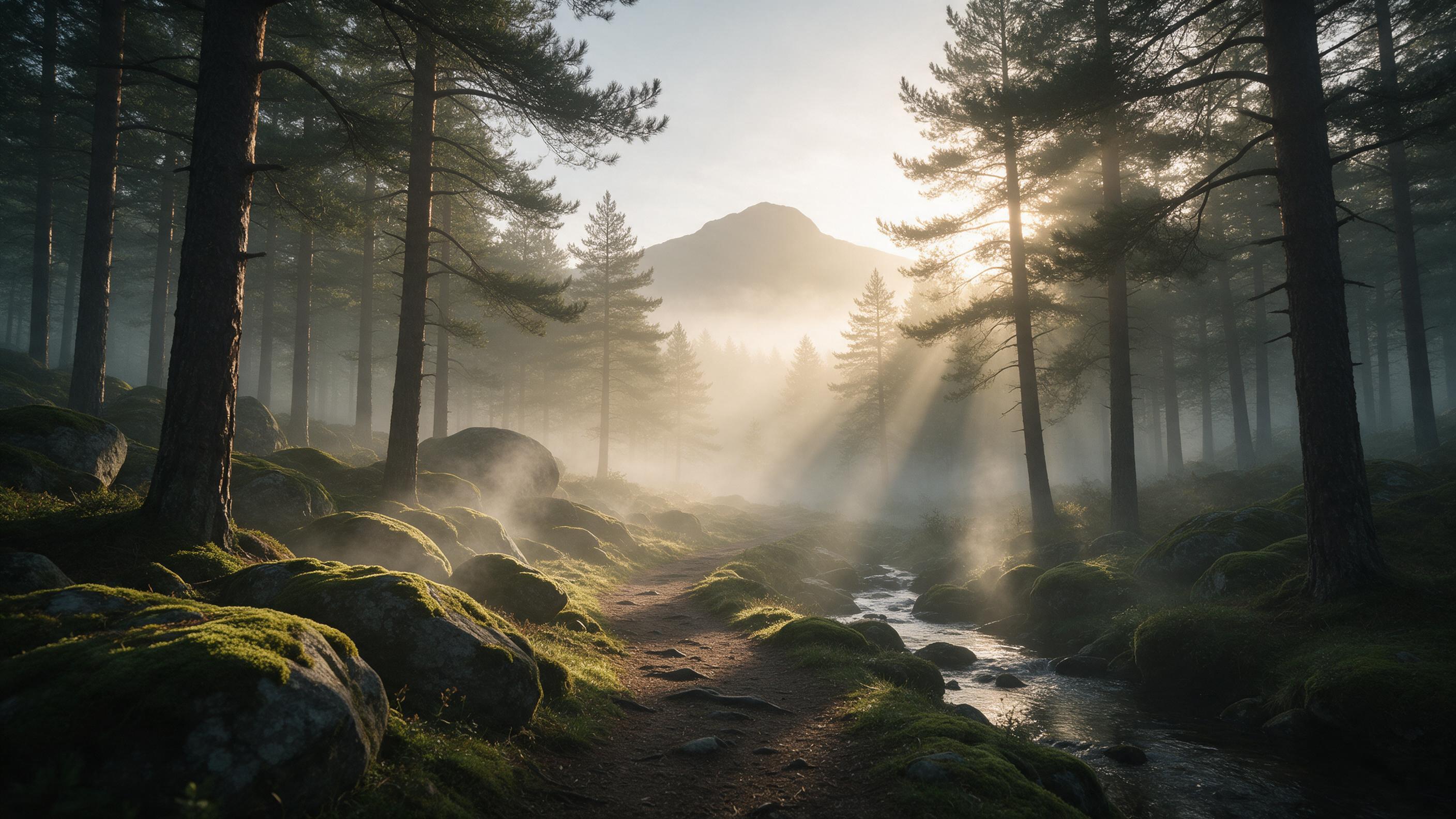 A misty pine forest at dawn, golden sunbeams piercing through fog, soft green moss on weathered rocks, a winding dirt path leading to a distant mountain silhouette, gentle stream beside the trail, cool air visible in breath-like mist, serene and untouched.
