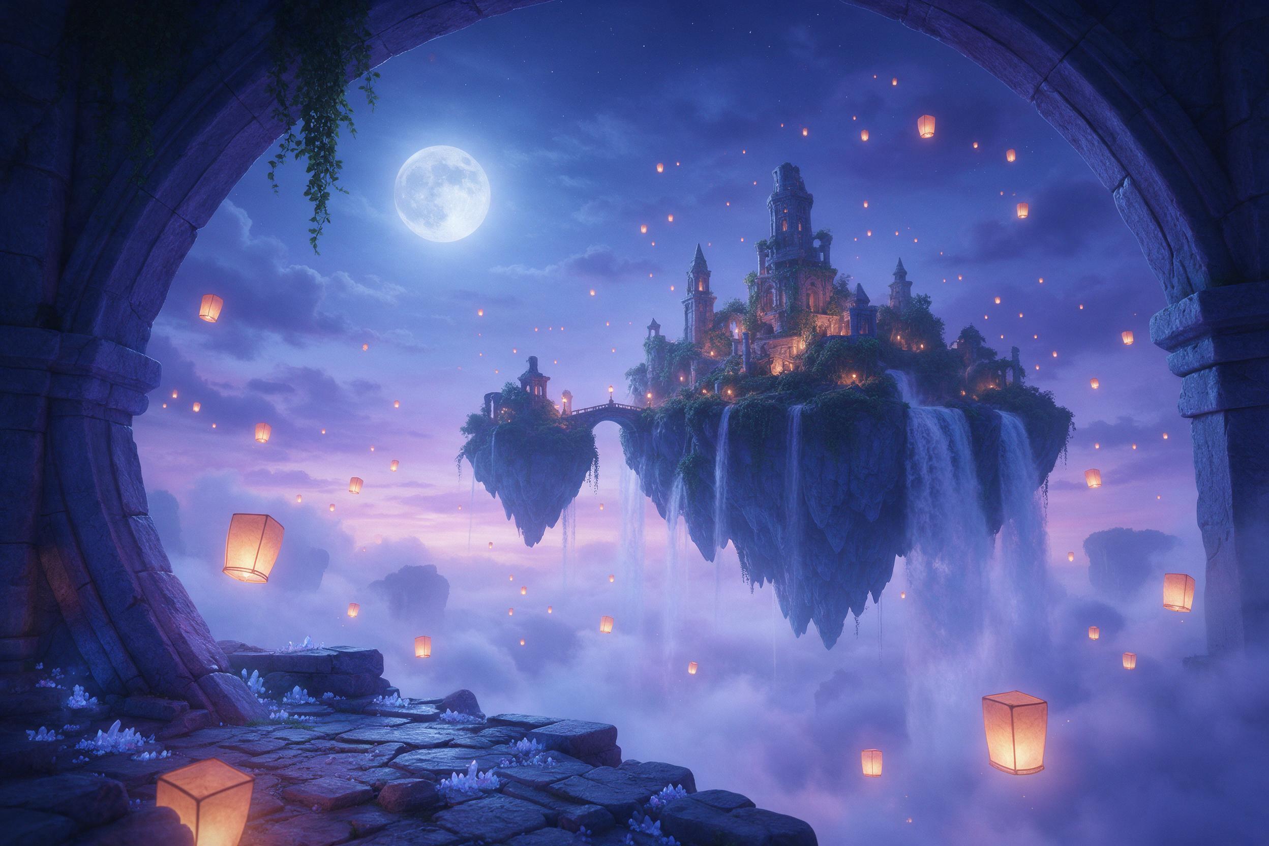A moonlit floating island in a twilight sky, cascading waterfalls vanishing into mist below, ancient glowing ruins with overgrown vines, lanterns drifting upward, soft blue and violet color palette, ethereal atmosphere, foreground silhouette of stone arches framing the scene