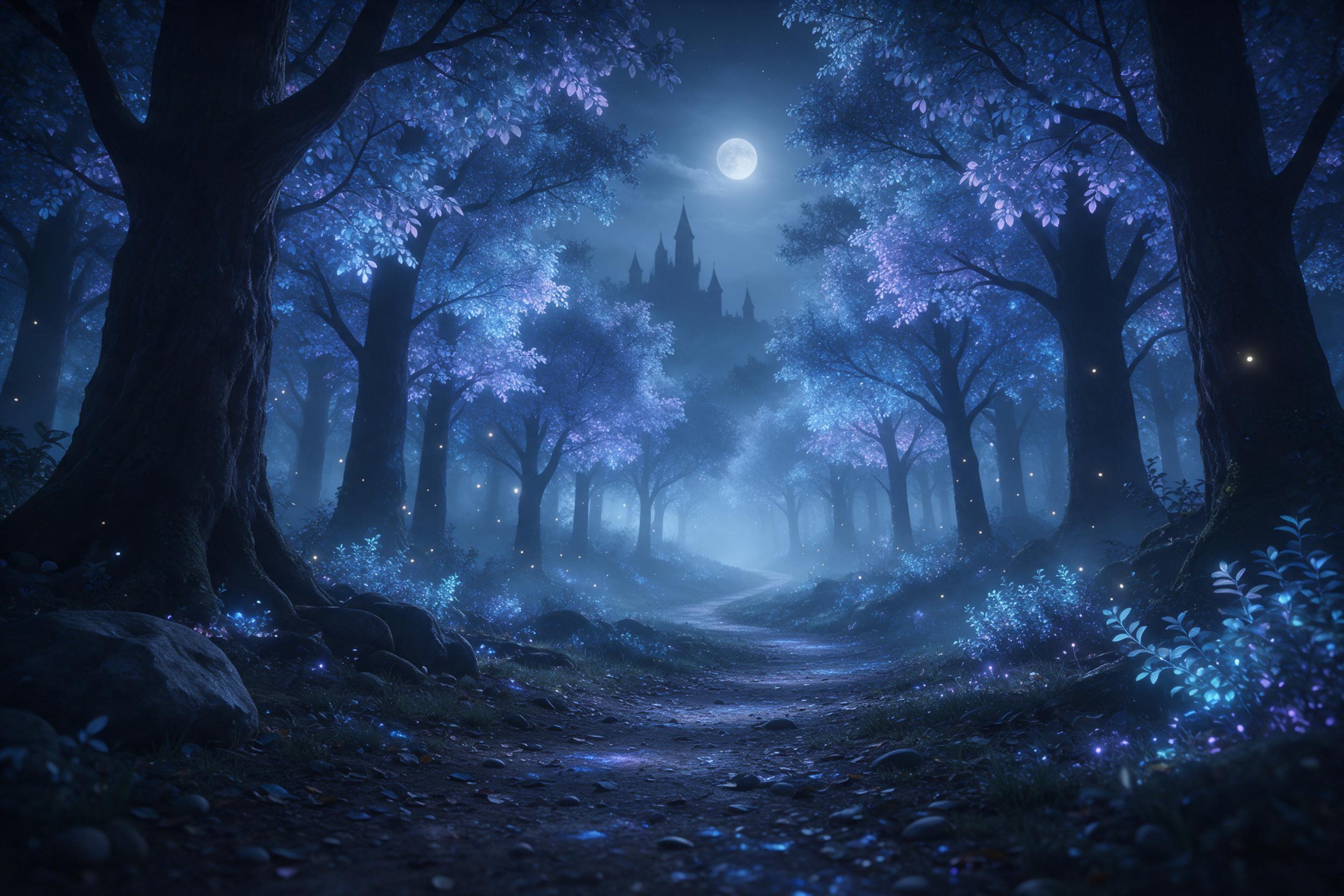 A moonlit enchanted forest with towering bioluminescent trees, their leaves glowing soft blue and violet, a narrow winding path leading to a distant castle silhouette, fireflies drifting in the misty air, cool ethereal lighting with shadows from the canopy, wide-angle composition emphasizing the dep