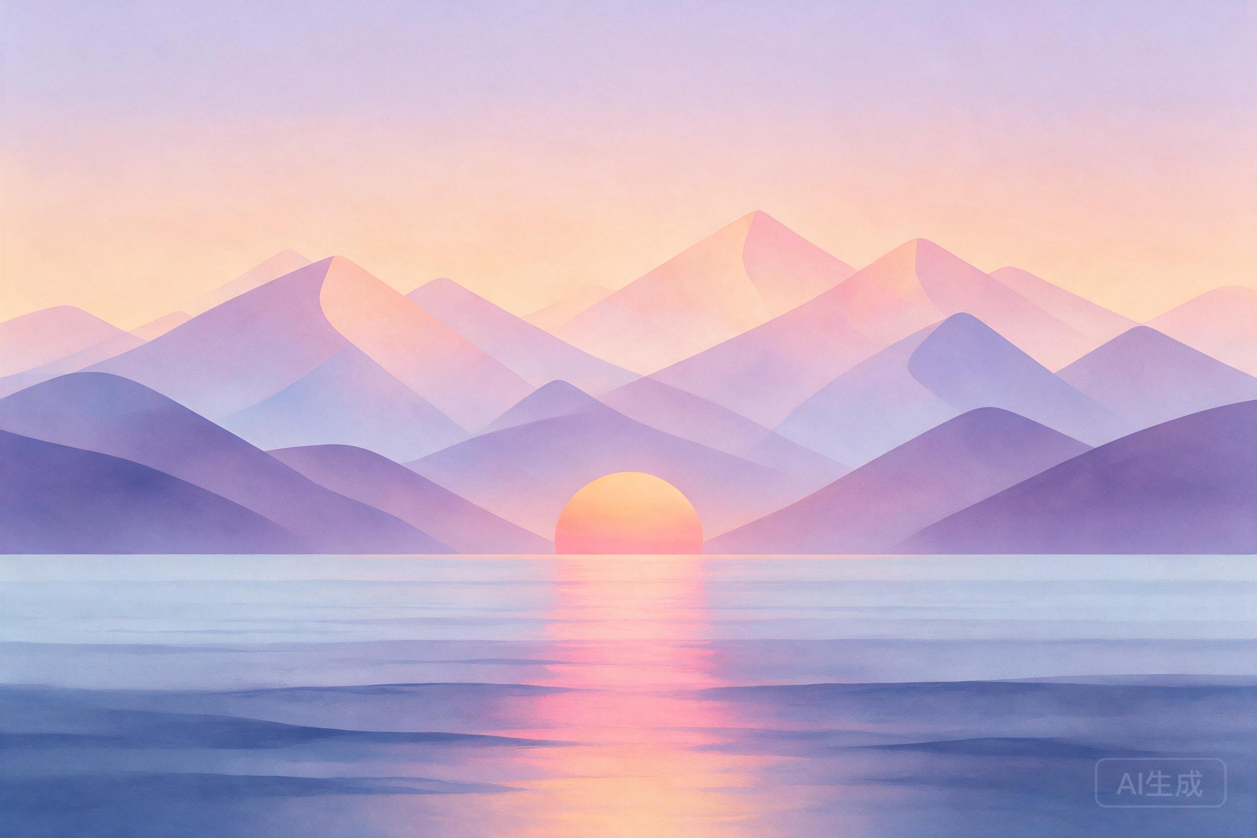 Minimalist geometric landscape in pastel tones, soft gradients, abstract mountains meeting calm ocean at sunset