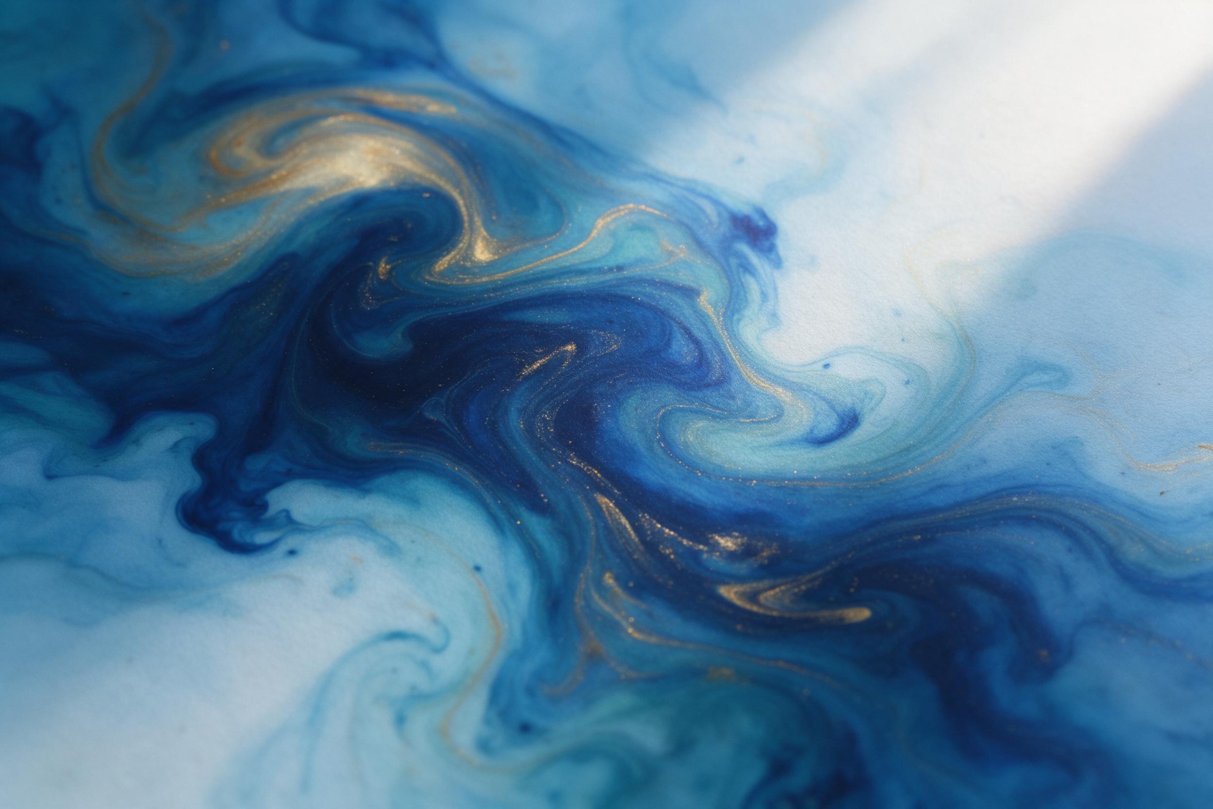 A swirling composition of iridescent oil and ink on water, captured at a tilted angle with soft daylight filtering through, deep blues and golds merging into organic patterns, negative space for balance, slight texture and paper grain emphasizing the fluid movement.